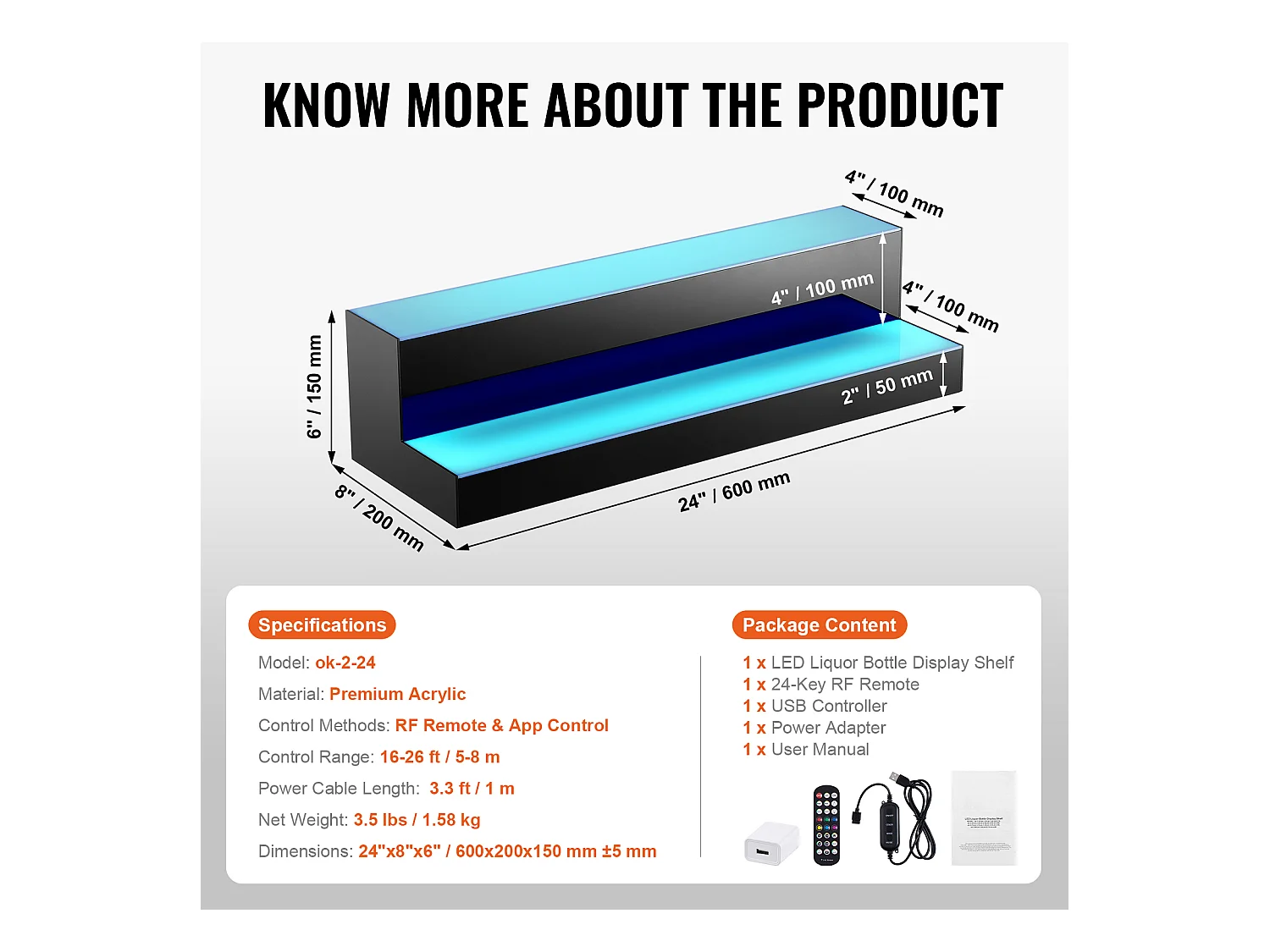 Présentoir à Bouteilles d'Alcool Éclairé à LED SucceBuy, Étagère de Bar, 60 cm, 2 Étapes