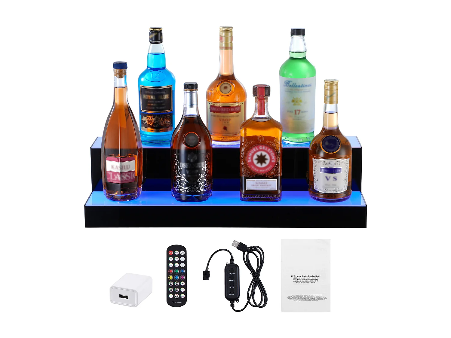 Présentoir à Bouteilles d'Alcool Éclairé à LED SucceBuy, Étagère de Bar, 60 cm, 2 Étapes