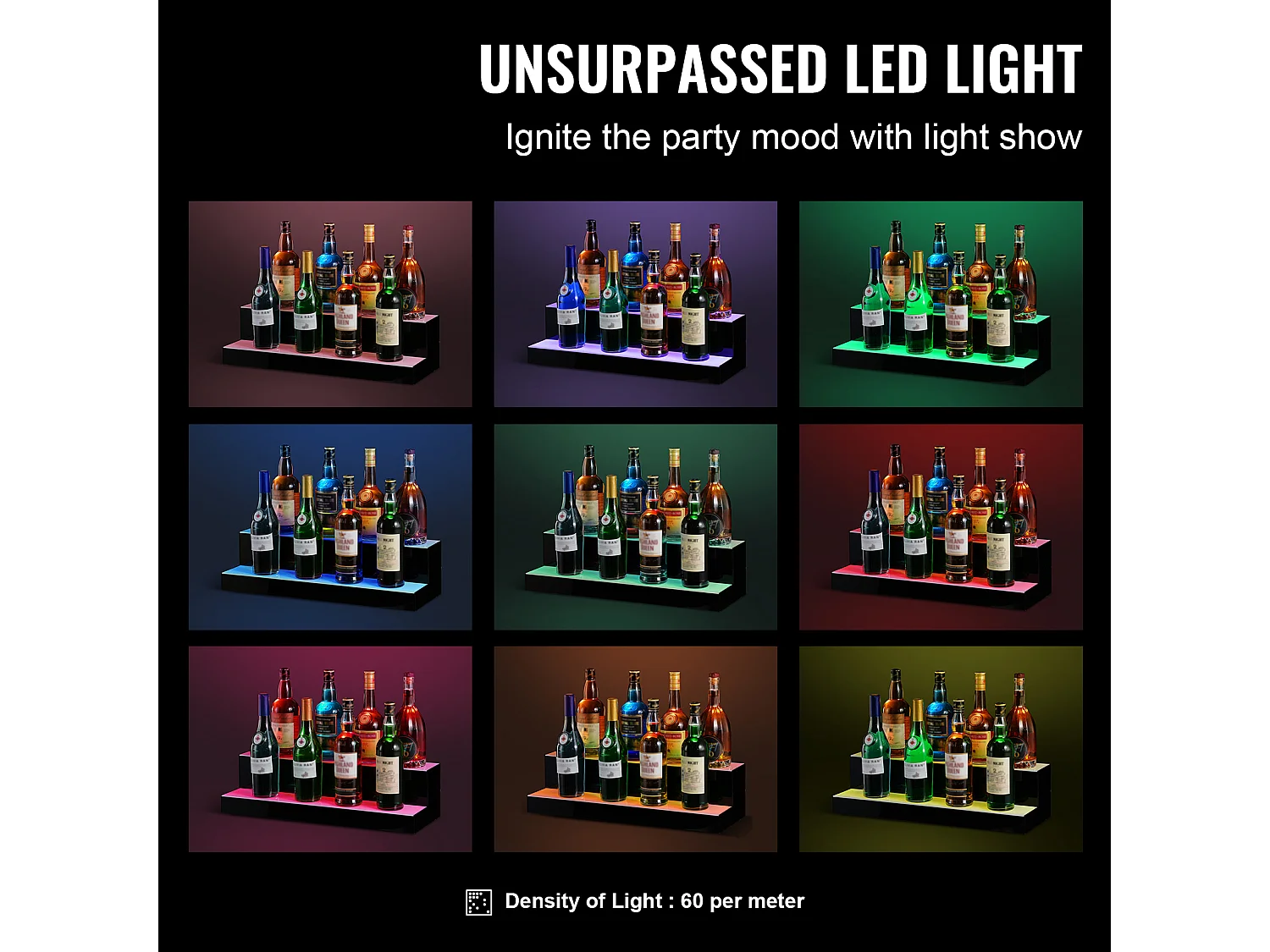 Présentoir à Bouteilles d'Alcool Éclairé à LED SucceBuy, Étagère de Bar, 60 cm, 2 Étapes