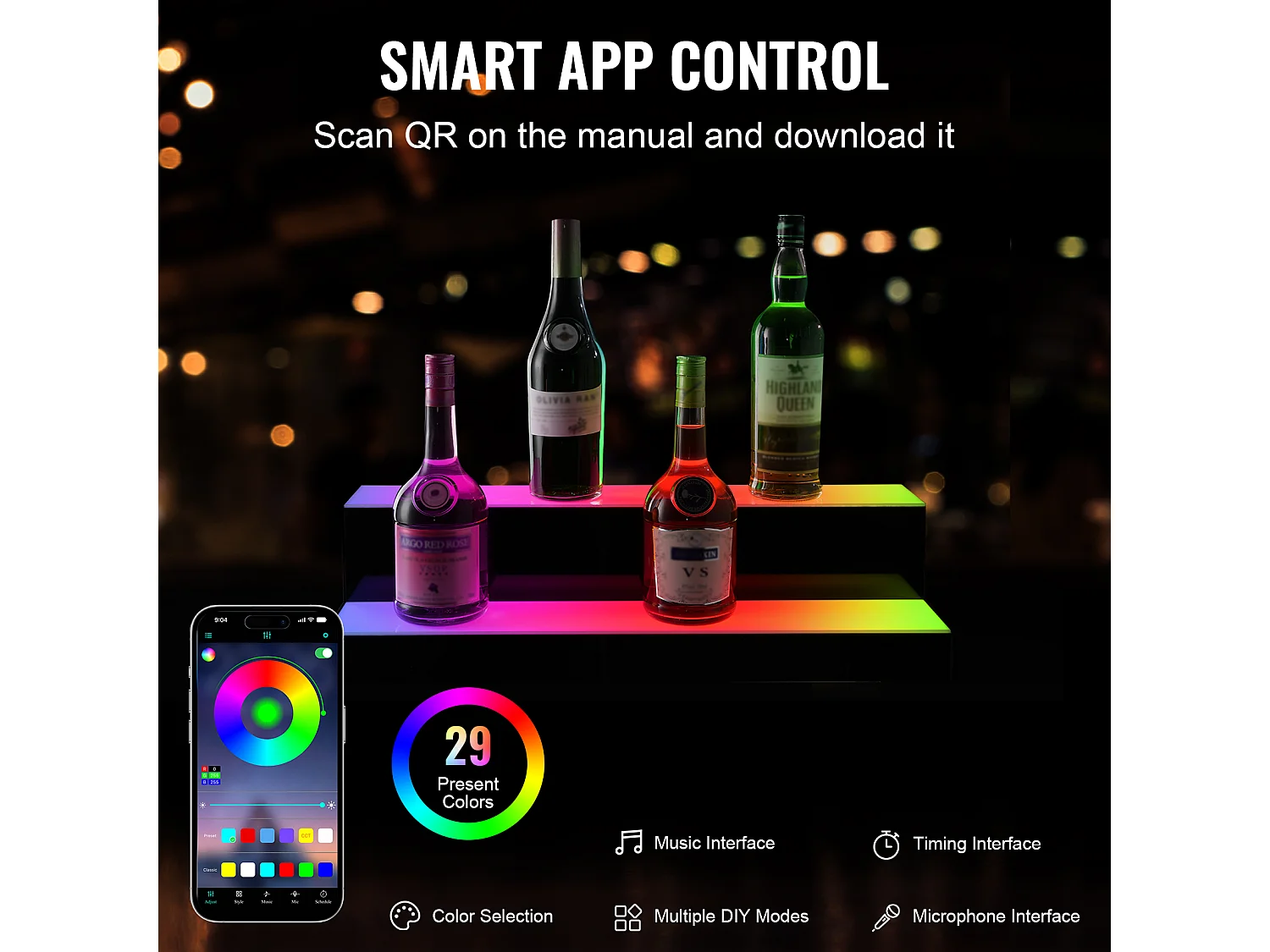 Présentoir à Bouteilles d'Alcool Éclairé à LED SucceBuy, Étagère de Bar, 60 cm, 2 Étapes