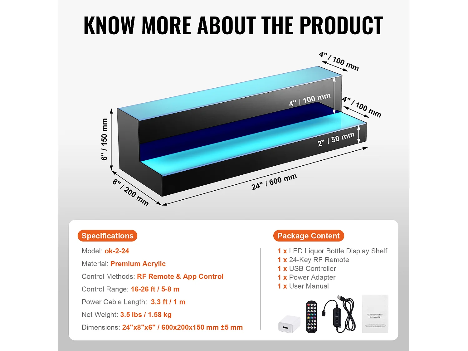 Présentoir à Bouteilles d'Alcool Éclairé à LED SucceBuy, Étagère de Bar, 60 cm, 2 Étapes