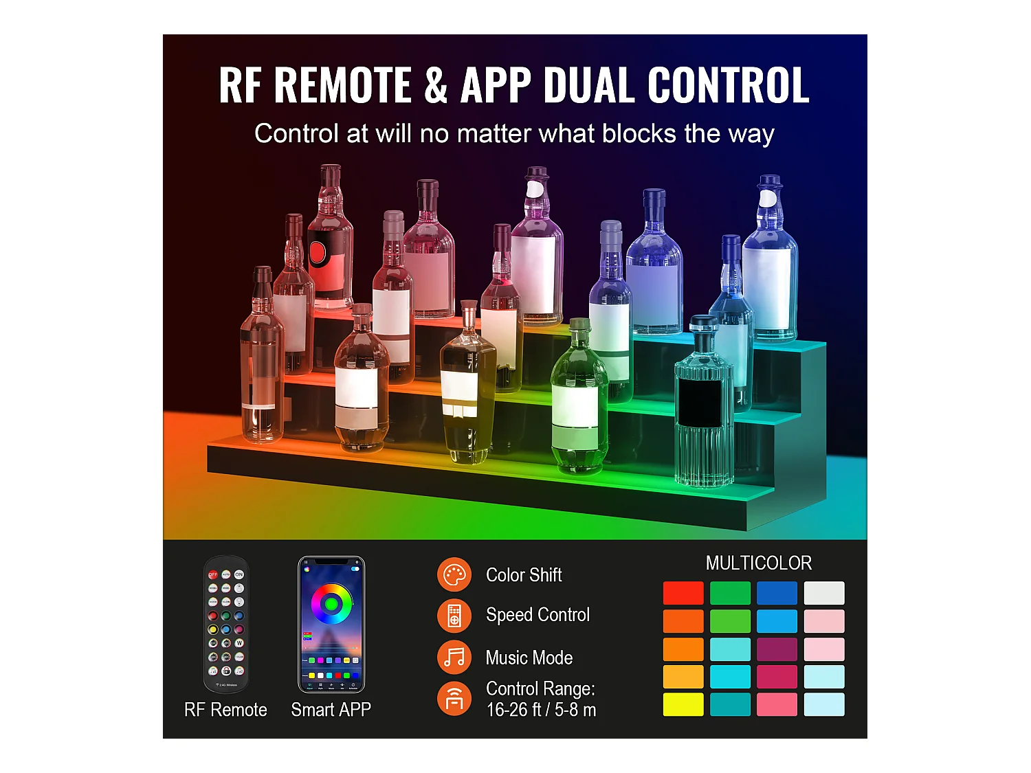Présentoir à Bouteilles d'Alcool Éclairé à LED SucceBuy, Étagère de Bar, 101,5 cm, 3 Étapes