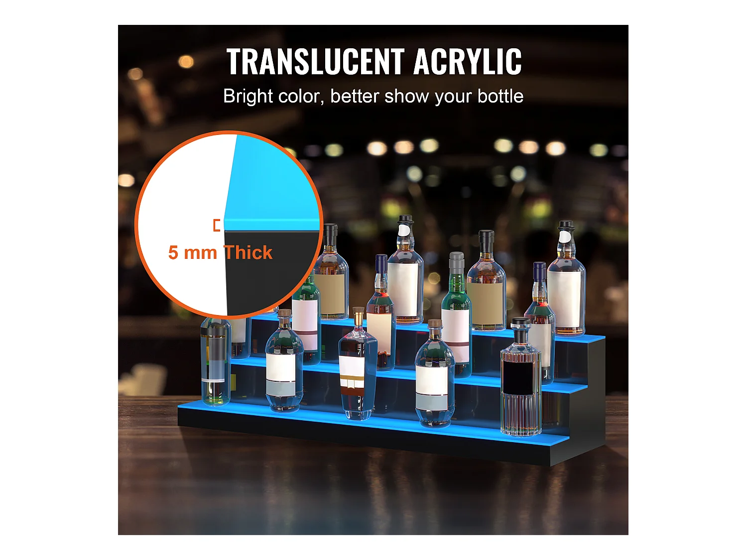 Présentoir à Bouteilles d'Alcool Éclairé à LED SucceBuy, Étagère de Bar, 101,5 cm, 3 Étapes