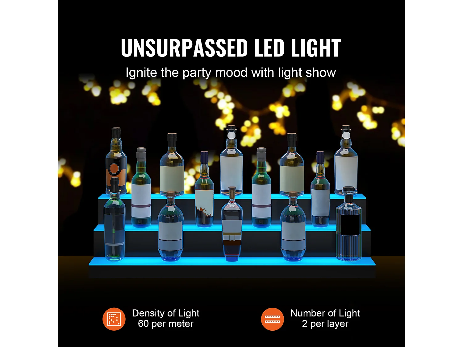 Présentoir à Bouteilles d'Alcool Éclairé à LED SucceBuy, Étagère de Bar, 101,5 cm, 3 Étapes