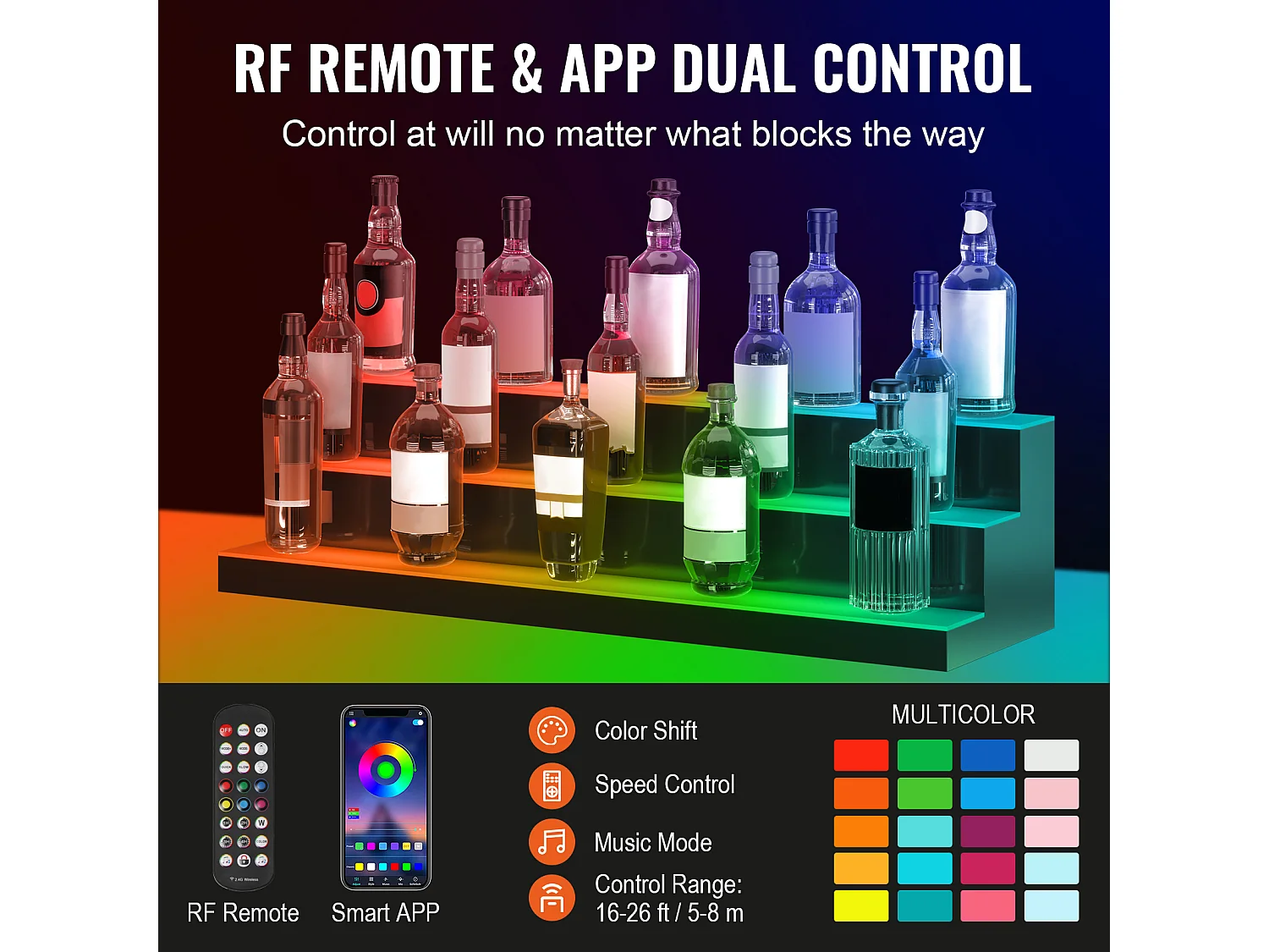 Présentoir à Bouteilles d'Alcool Éclairé à LED SucceBuy, Étagère de Bar, 101,5 cm, 3 Étapes