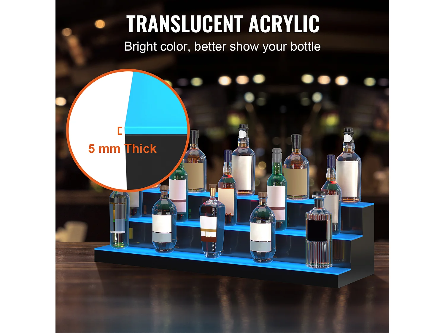 Présentoir à Bouteilles d'Alcool Éclairé à LED SucceBuy, Étagère de Bar, 101,5 cm, 3 Étapes