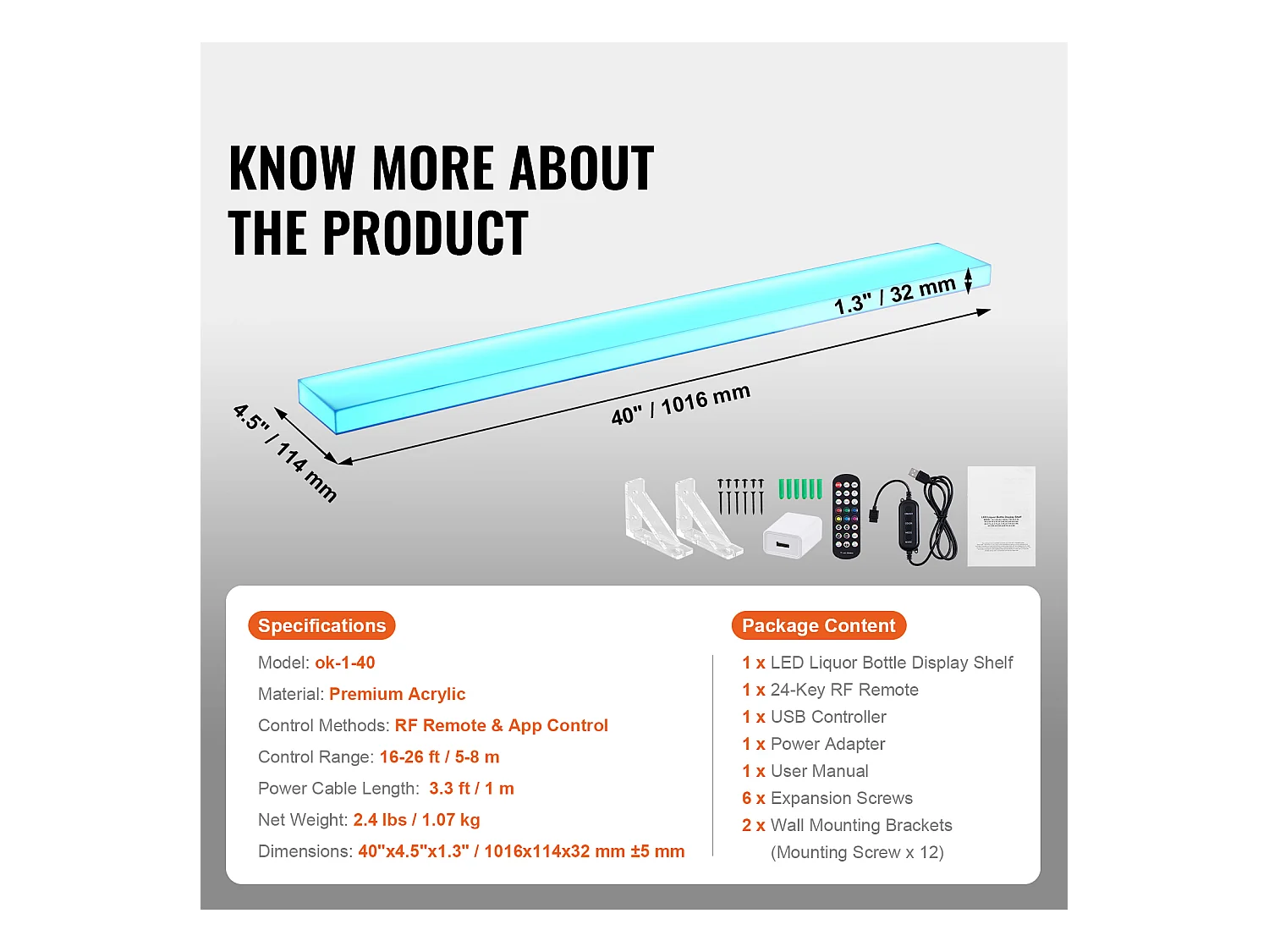 Présentoir à Bouteilles d'Alcool Éclairé à LED SucceBuy, Étagère Murale de Bar pour la Maison, 101,6 cm, 1 Étape