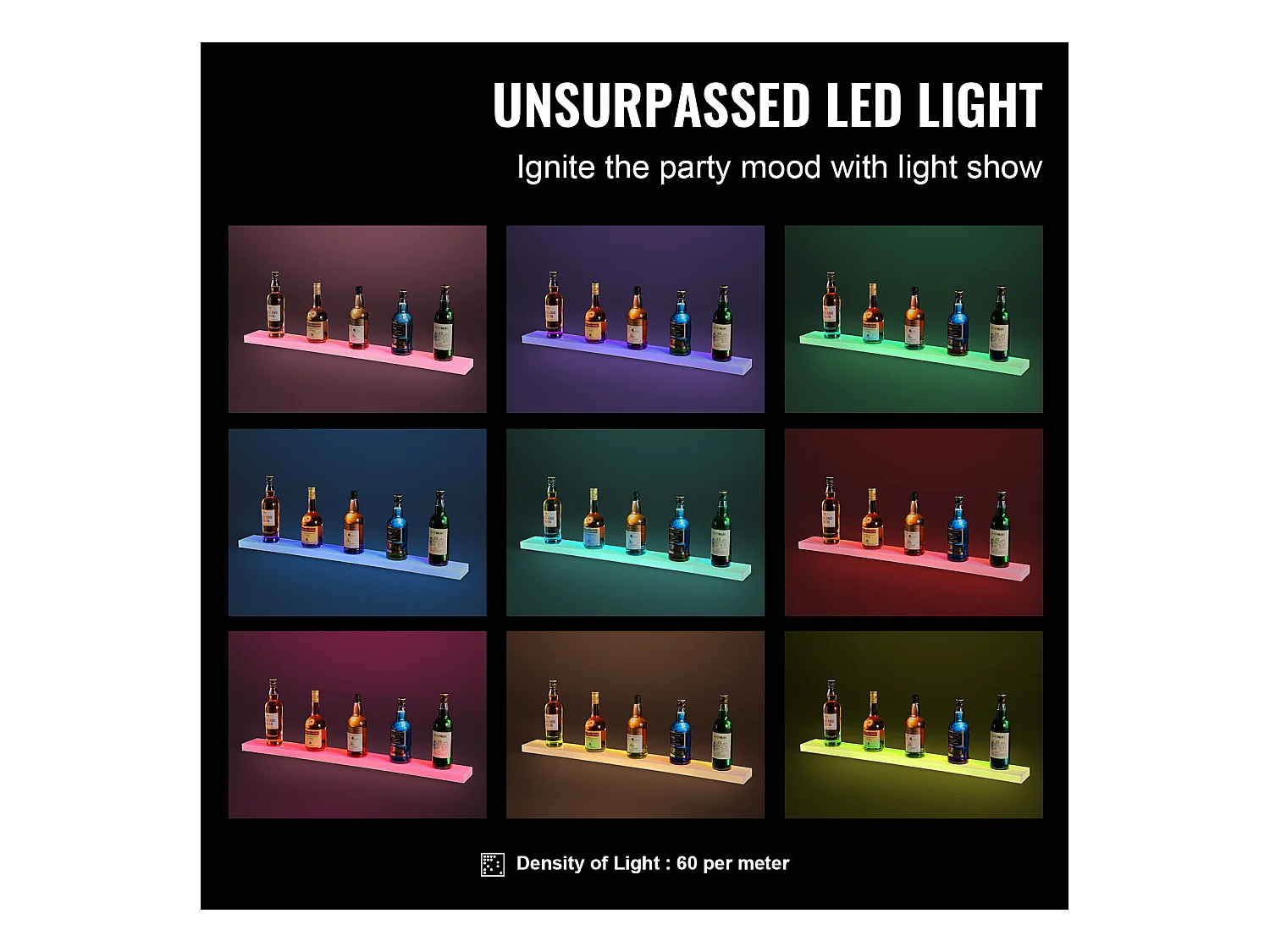 Présentoir à Bouteilles d'Alcool Éclairé à LED SucceBuy, Étagère Murale de Bar pour la Maison, 101,6 cm, 1 Étape