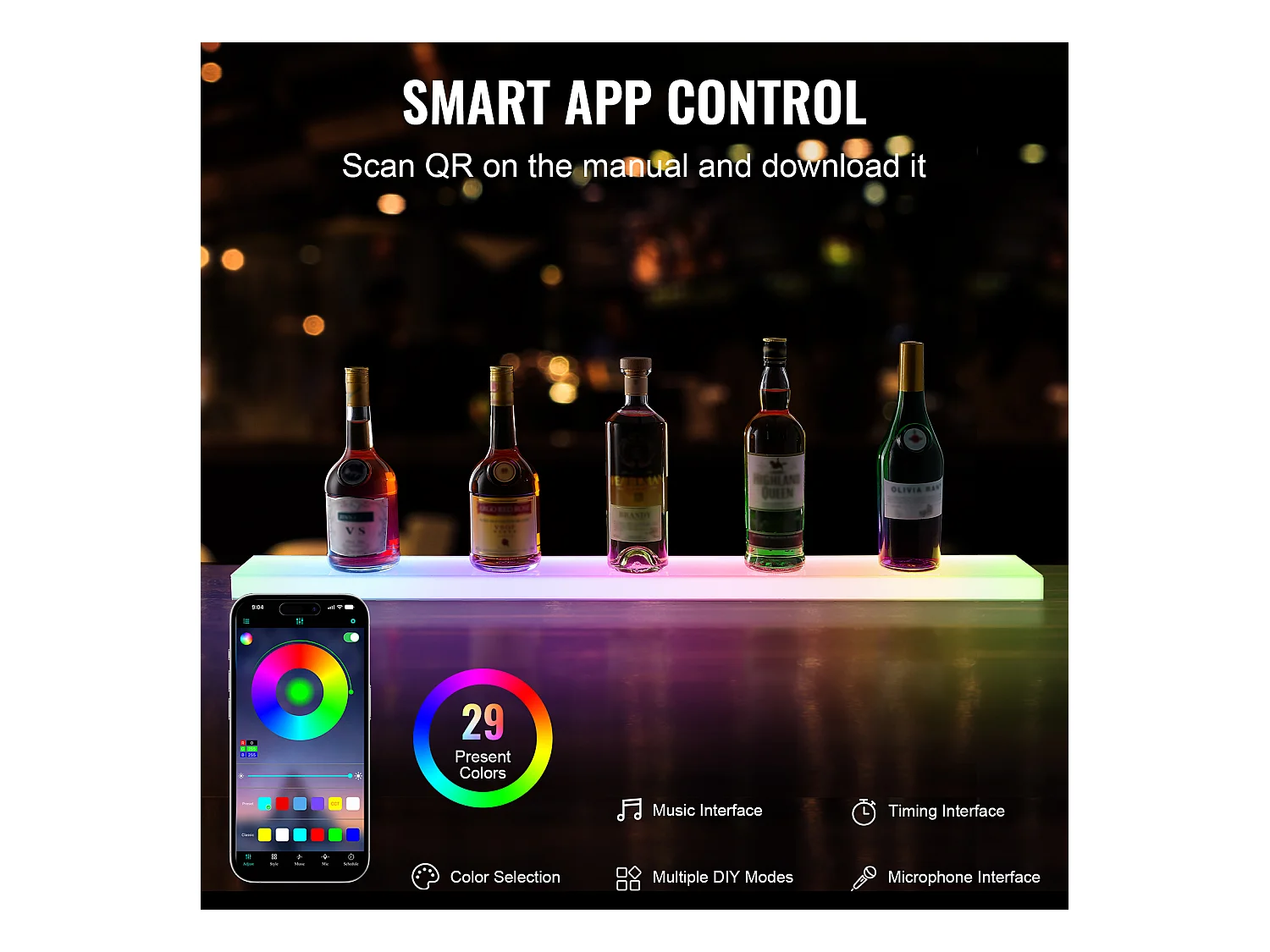 Présentoir à Bouteilles d'Alcool Éclairé à LED SucceBuy, Étagère Murale de Bar pour la Maison, 101,6 cm, 1 Étape