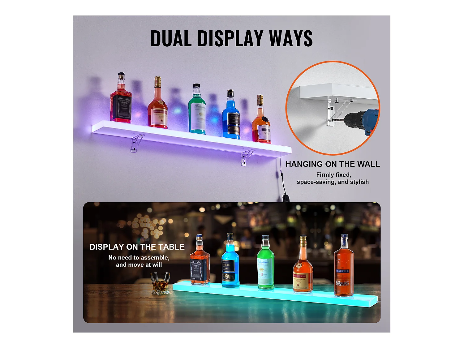 Présentoir à Bouteilles d'Alcool Éclairé à LED SucceBuy, Étagère Murale de Bar pour la Maison, 101,6 cm, 1 Étape