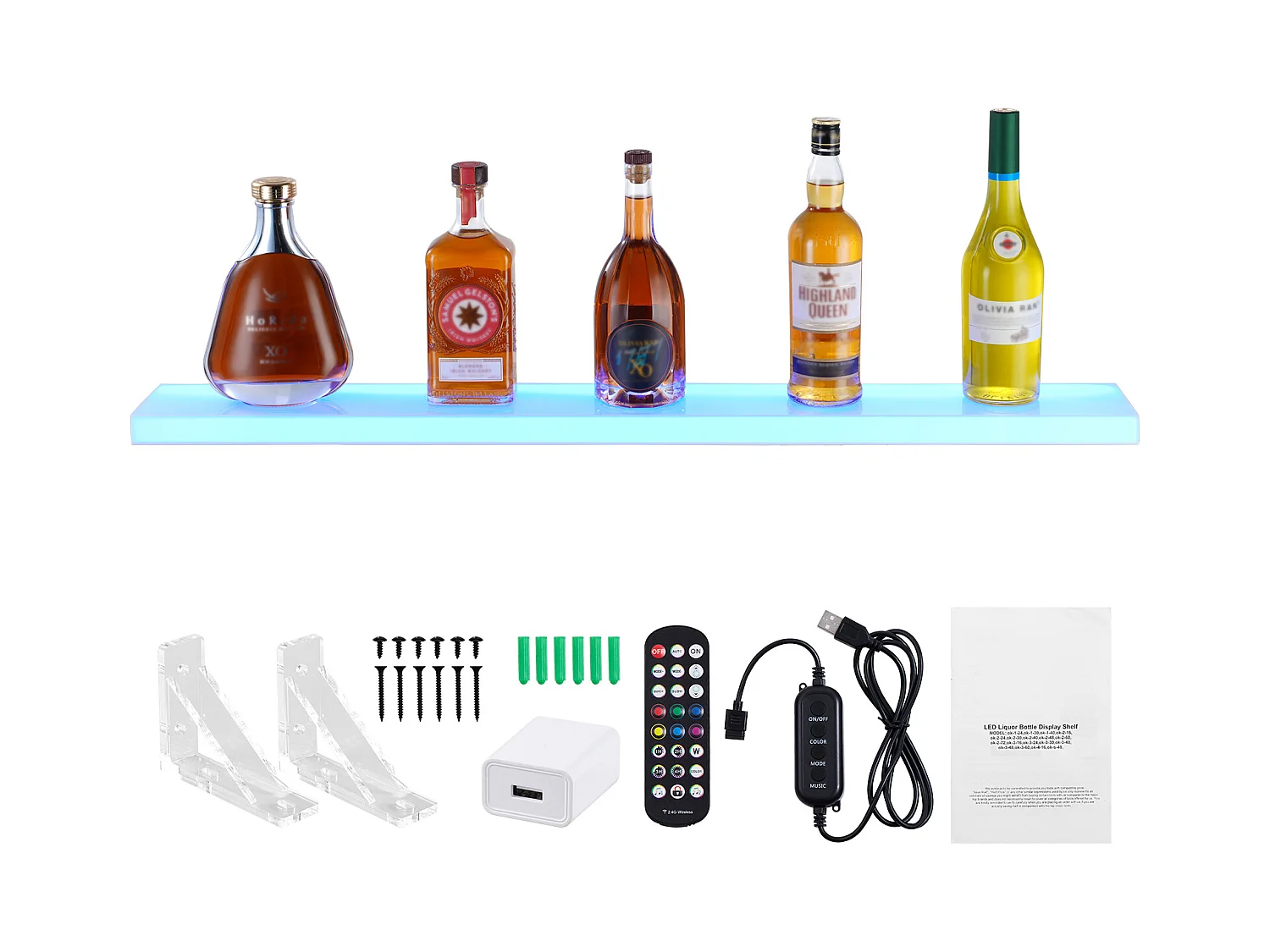 Expositor para Garrafas de Álcool com Iluminação LED SucceBuy, Prateleira de Bar de Parede para Casa, 101,6 cm, 1 Degrau