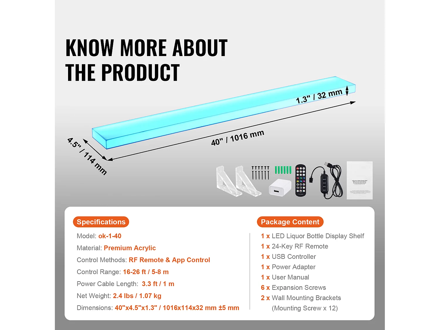 Présentoir à Bouteilles d'Alcool Éclairé à LED SucceBuy, Étagère Murale de Bar pour la Maison, 101,6 cm, 1 Étape