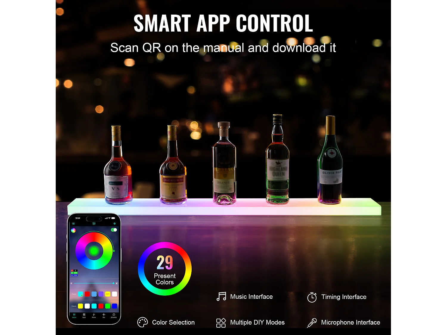 Présentoir à Bouteilles d'Alcool Éclairé à LED SucceBuy, Étagère Murale de Bar pour la Maison, 101,6 cm, 1 Étape