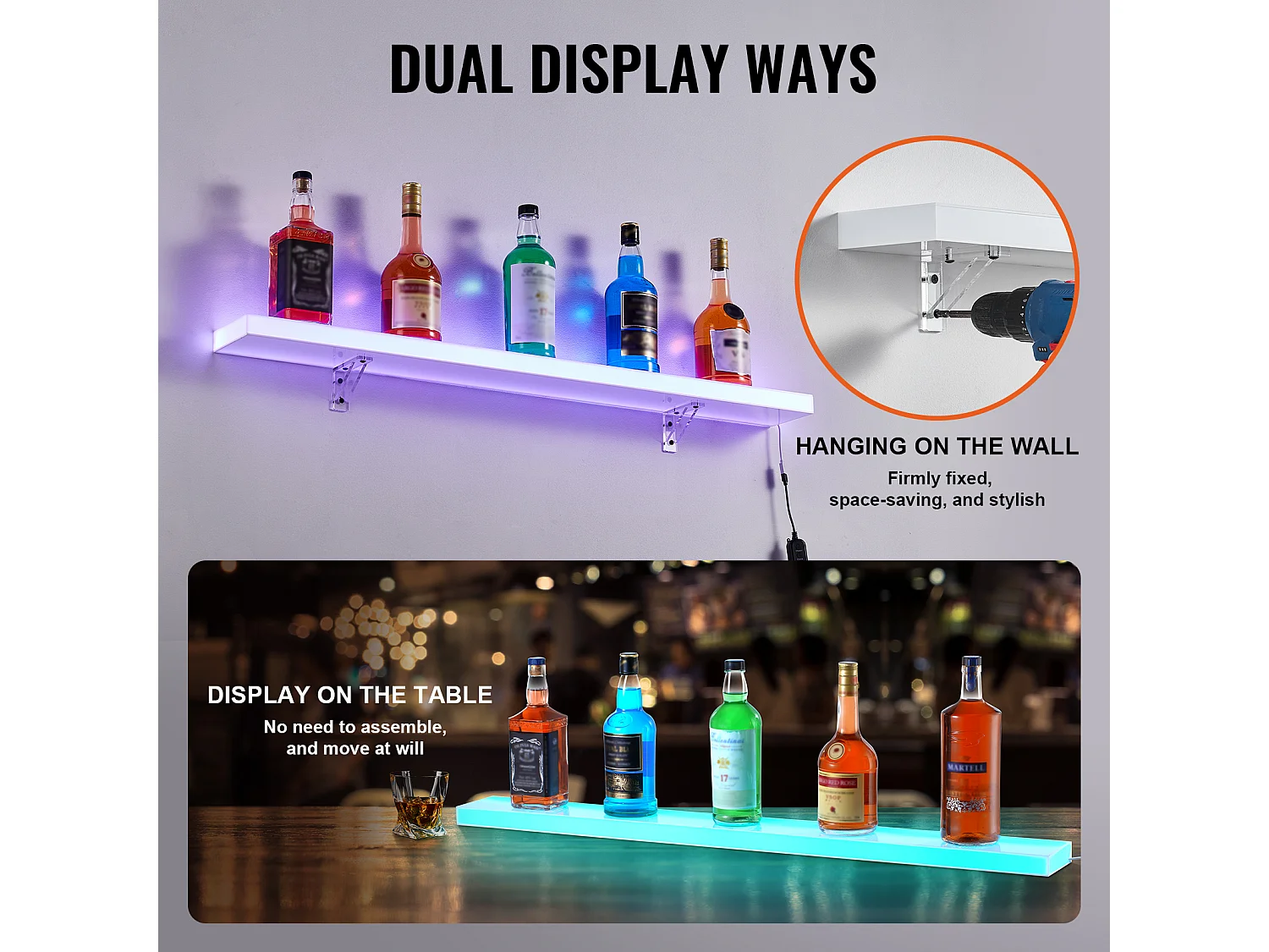 Présentoir à Bouteilles d'Alcool Éclairé à LED SucceBuy, Étagère Murale de Bar pour la Maison, 101,6 cm, 1 Étape