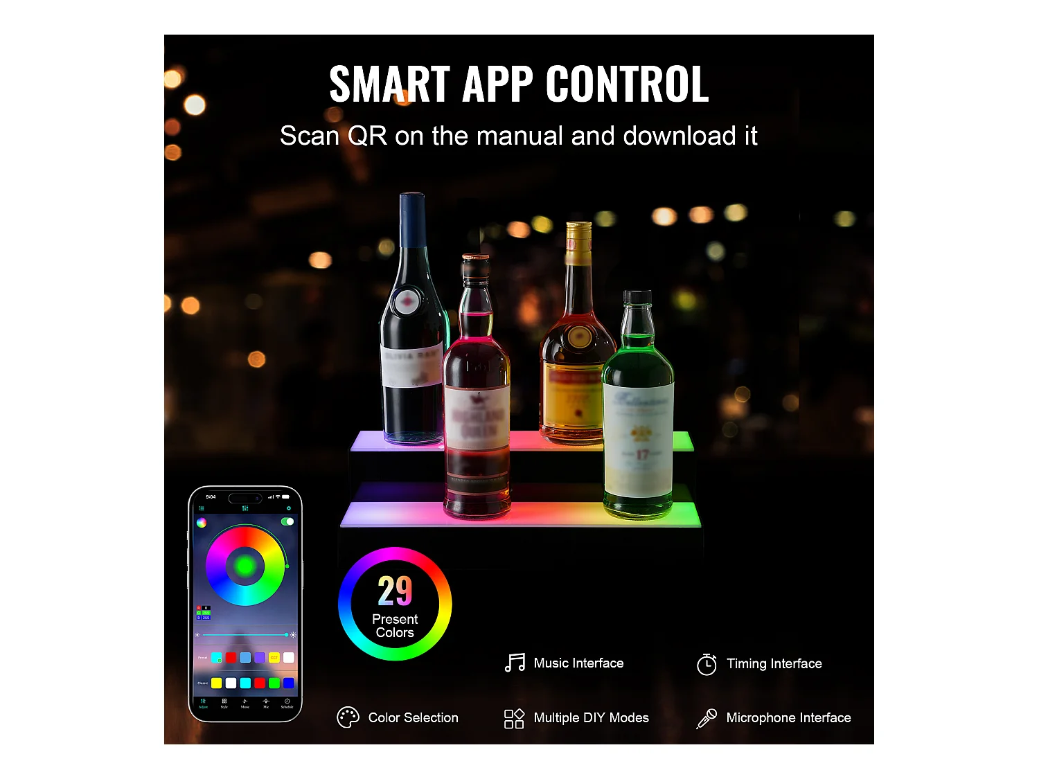 Présentoir à Bouteilles d'Alcool Éclairé à LED SucceBuy, Étagère de Bar, 40,5 cm, 2 Étapes