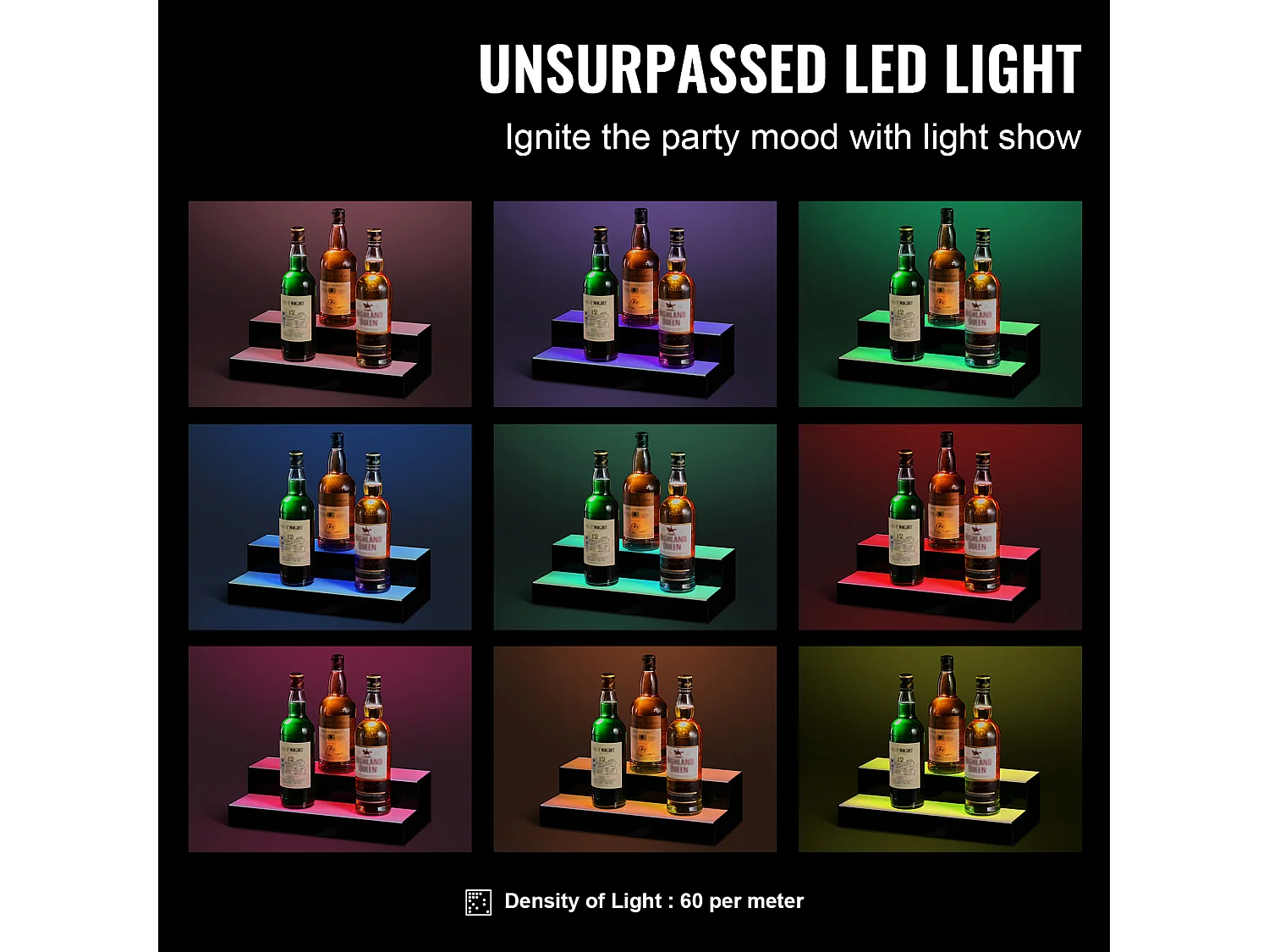 Présentoir à Bouteilles d'Alcool Éclairé à LED SucceBuy, Étagère de Bar, 40,5 cm, 2 Étapes