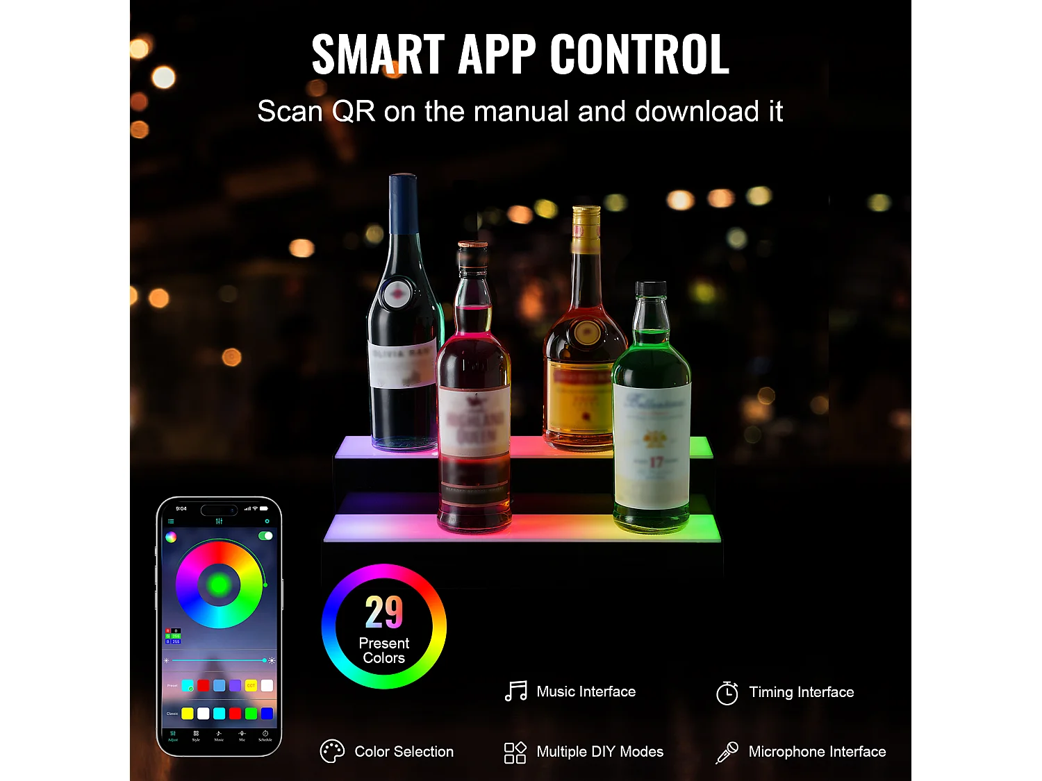 Présentoir à Bouteilles d'Alcool Éclairé à LED SucceBuy, Étagère de Bar, 40,5 cm, 2 Étapes