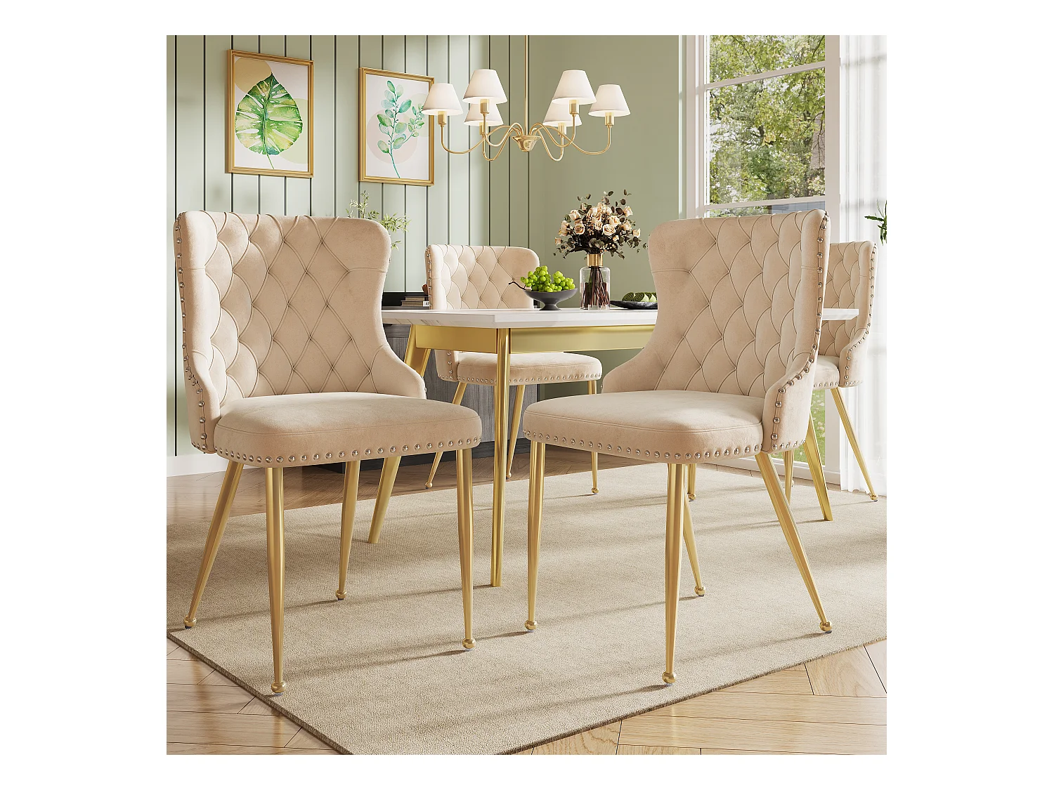 Lot de 4 chaises de salle à manger - 54 x 54 x 85.5 cm - chaise de maquillage - pieds dorés réglables - velours - beige
