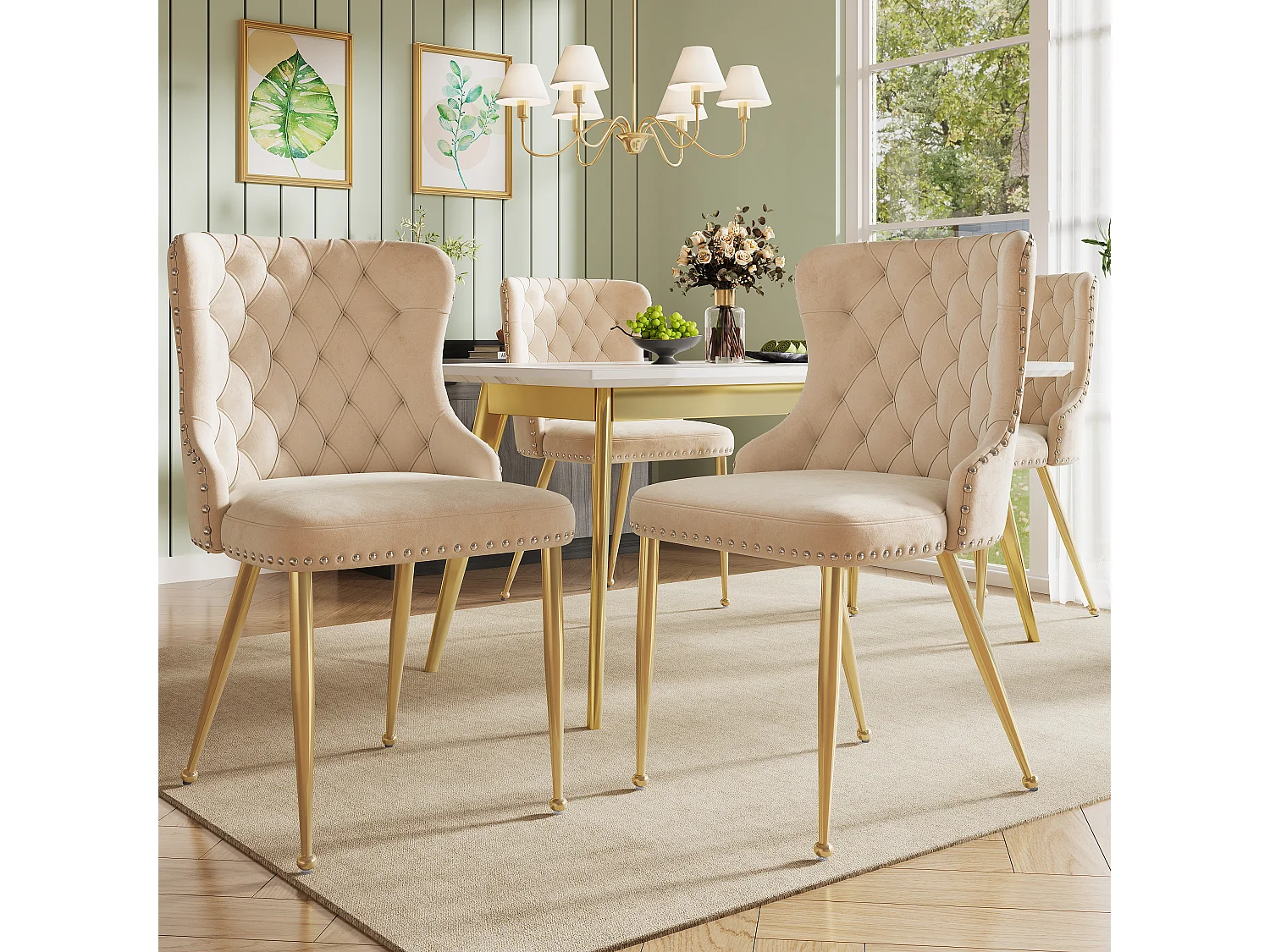 Komplet 4 krzeseł do jadalni - 54 x 54 x 85,5 cm - krzesło do makijażu - regulowane złote nogi - aksamit - beż