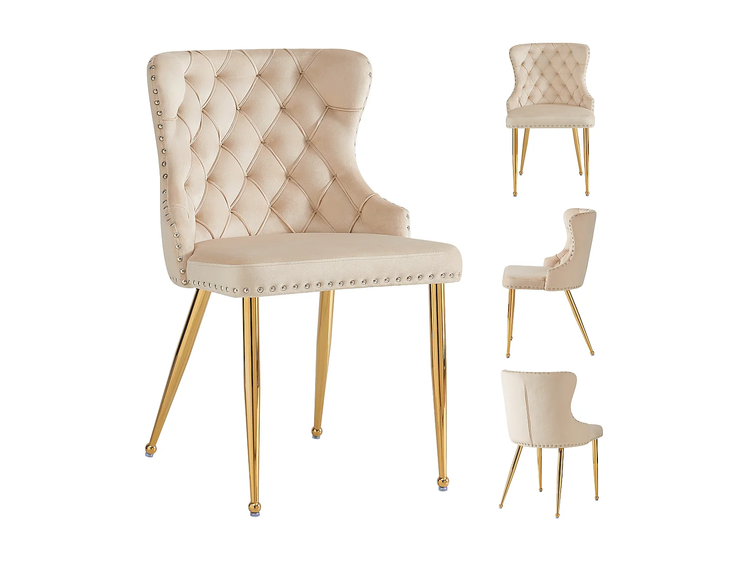 Komplet 4 krzeseł do jadalni - 54 x 54 x 85,5 cm - krzesło do makijażu - regulowane złote nogi - aksamit - beż