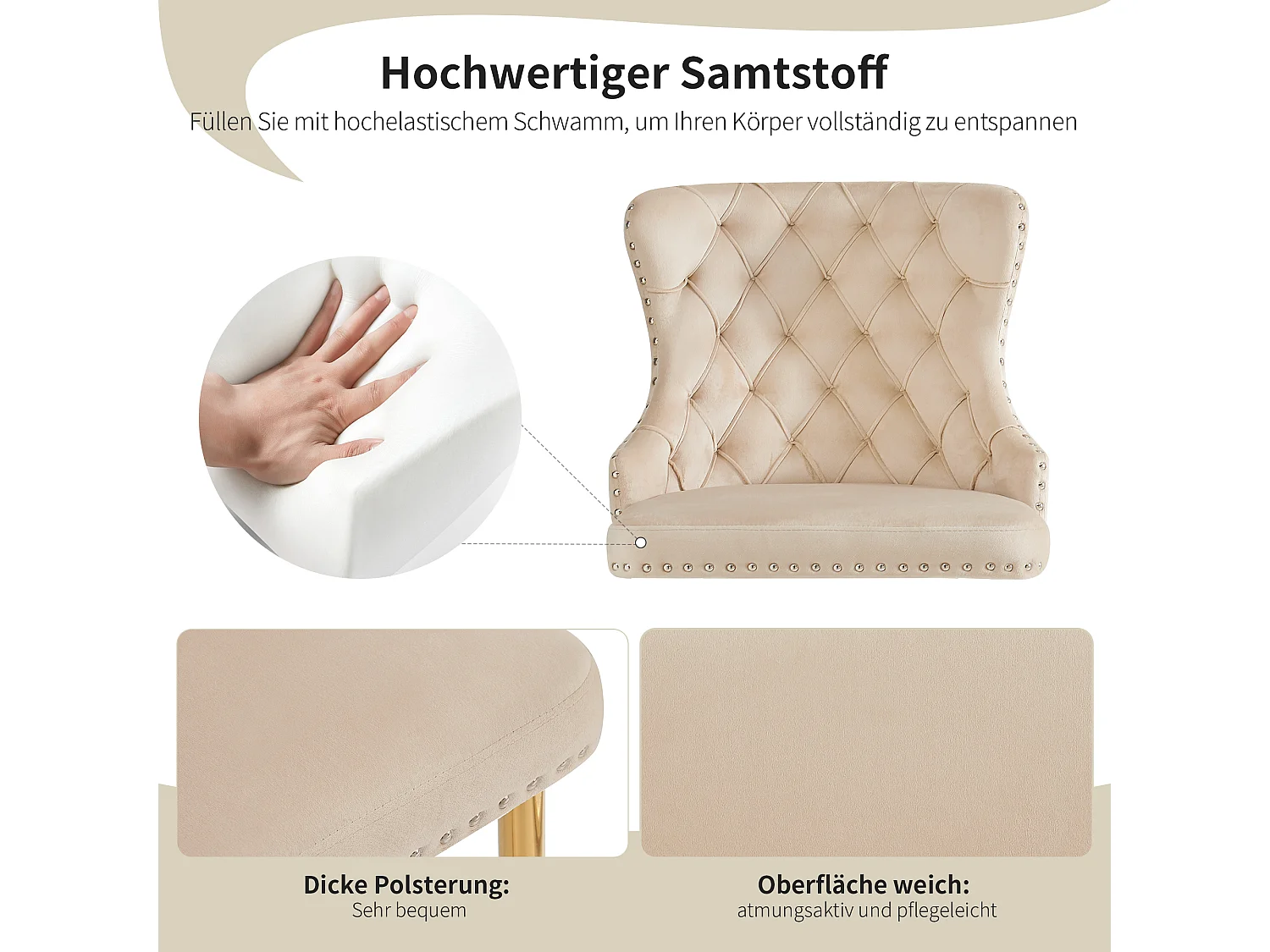 Komplet 4 krzeseł do jadalni - 54 x 54 x 85,5 cm - krzesło do makijażu - regulowane złote nogi - aksamit - beż