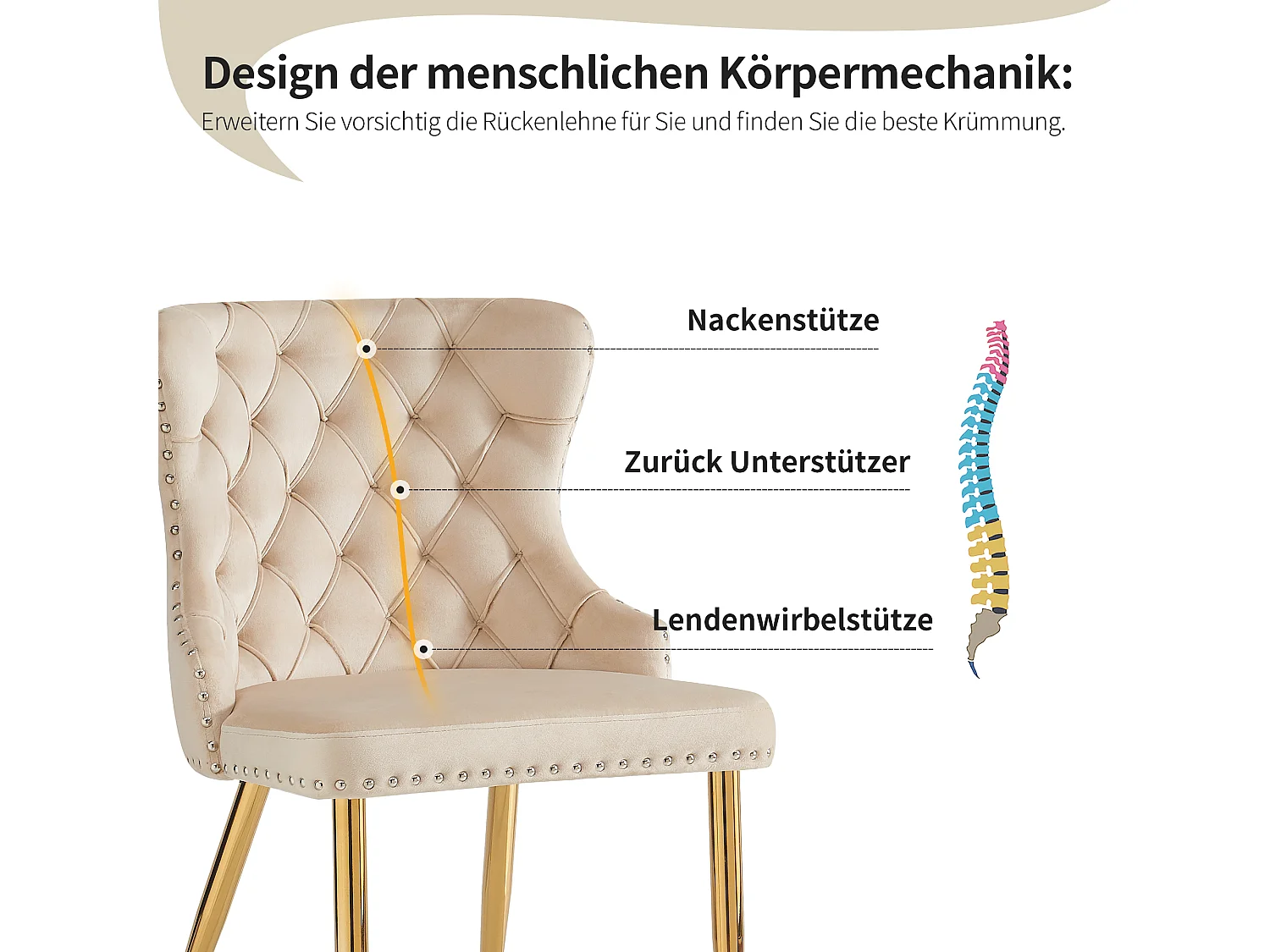 Komplet 4 krzeseł do jadalni - 54 x 54 x 85,5 cm - krzesło do makijażu - regulowane złote nogi - aksamit - beż