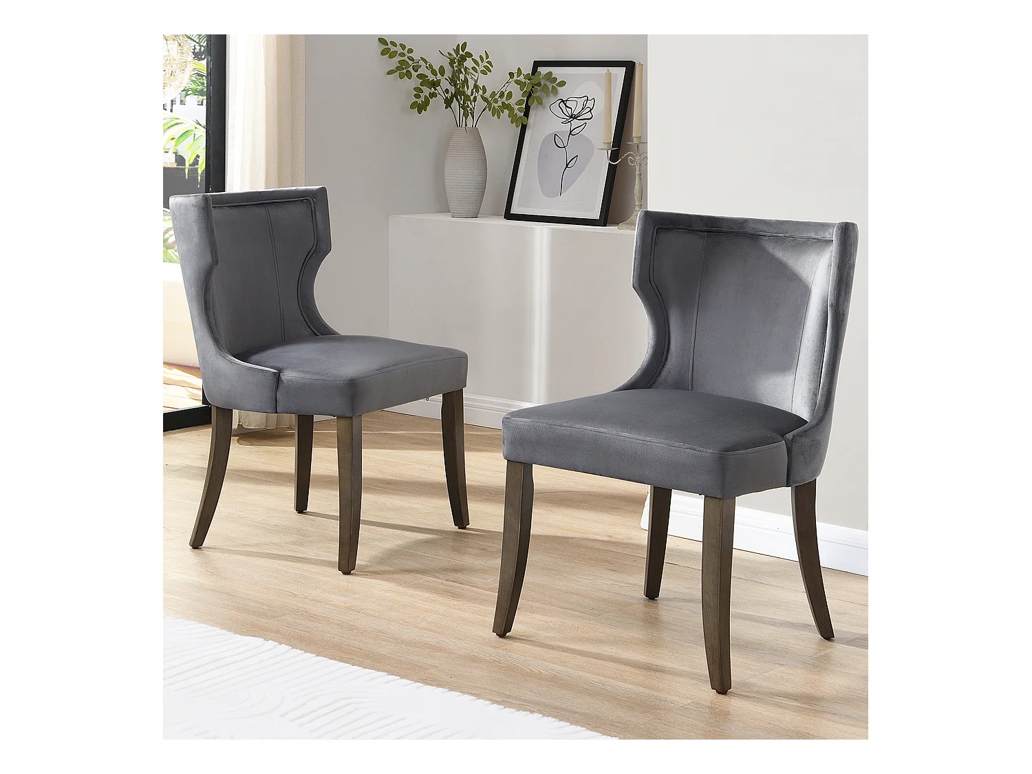 Lot de 2 chaises de cuisine, tissu en velours, pieds en bois brun, gris
