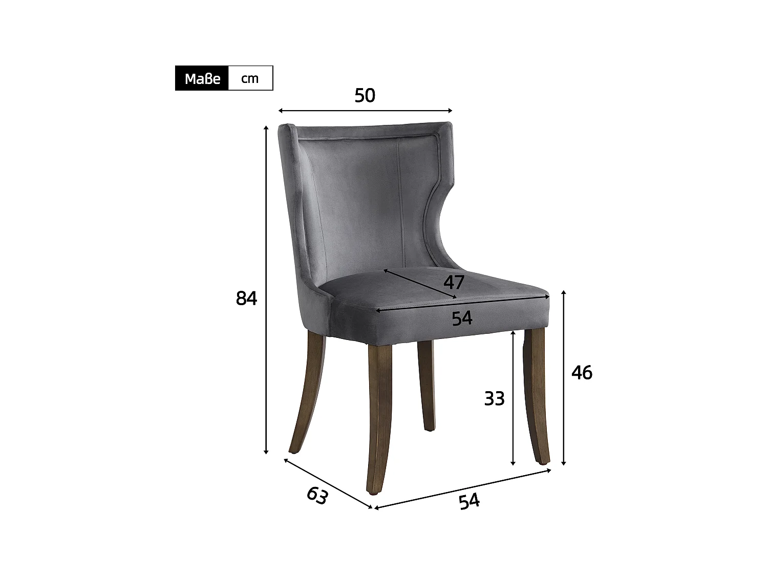 Set van 2 keukenstoelen, fluwelen stof, bruine houten poten, grijs