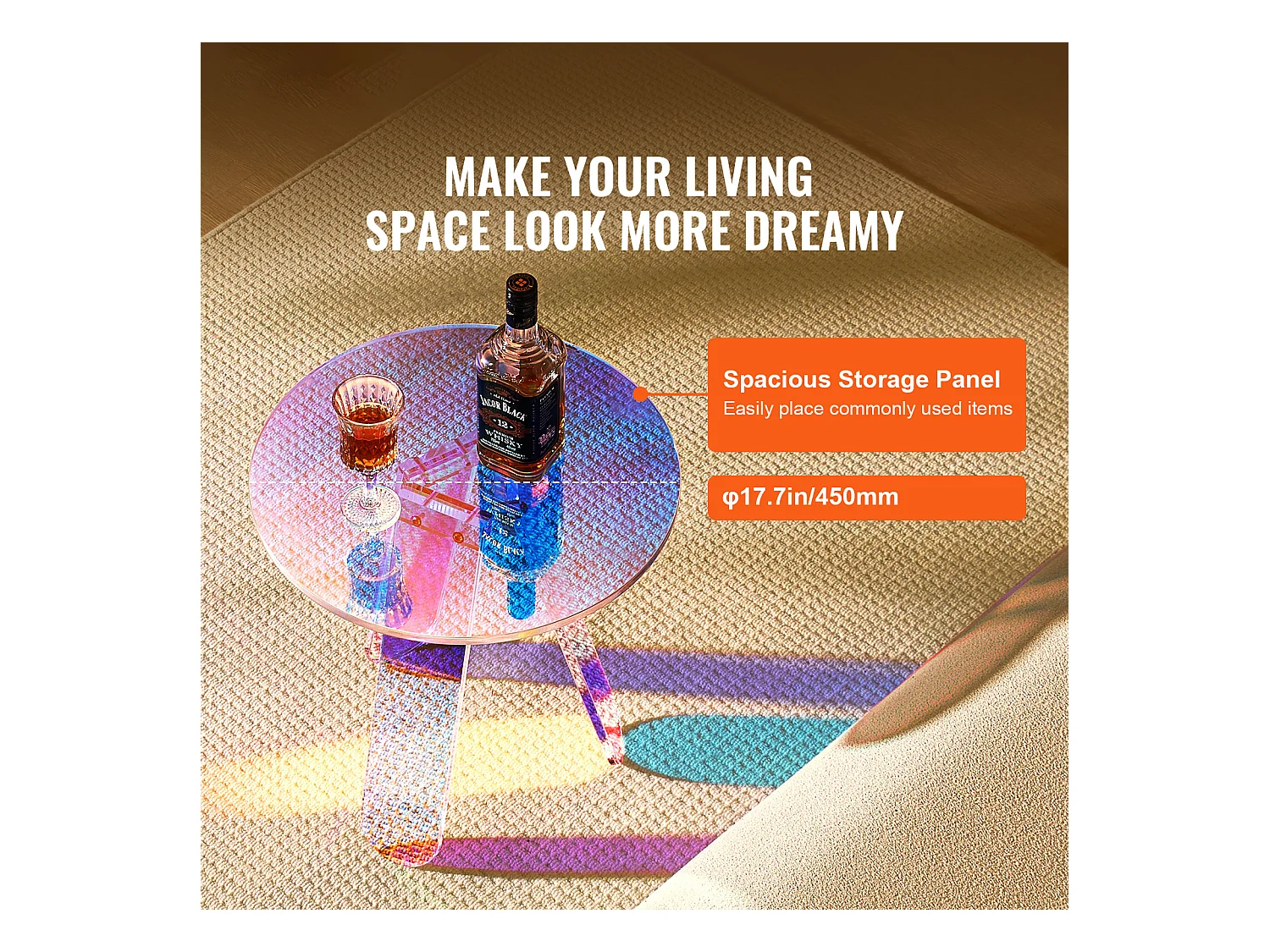 Table d'Appoint SucceBuy Ronde Irisée, Table d'Appoint en Acrylique Transparent pour Boissons, Nourriture, Collations dans le Salon, la Chambre