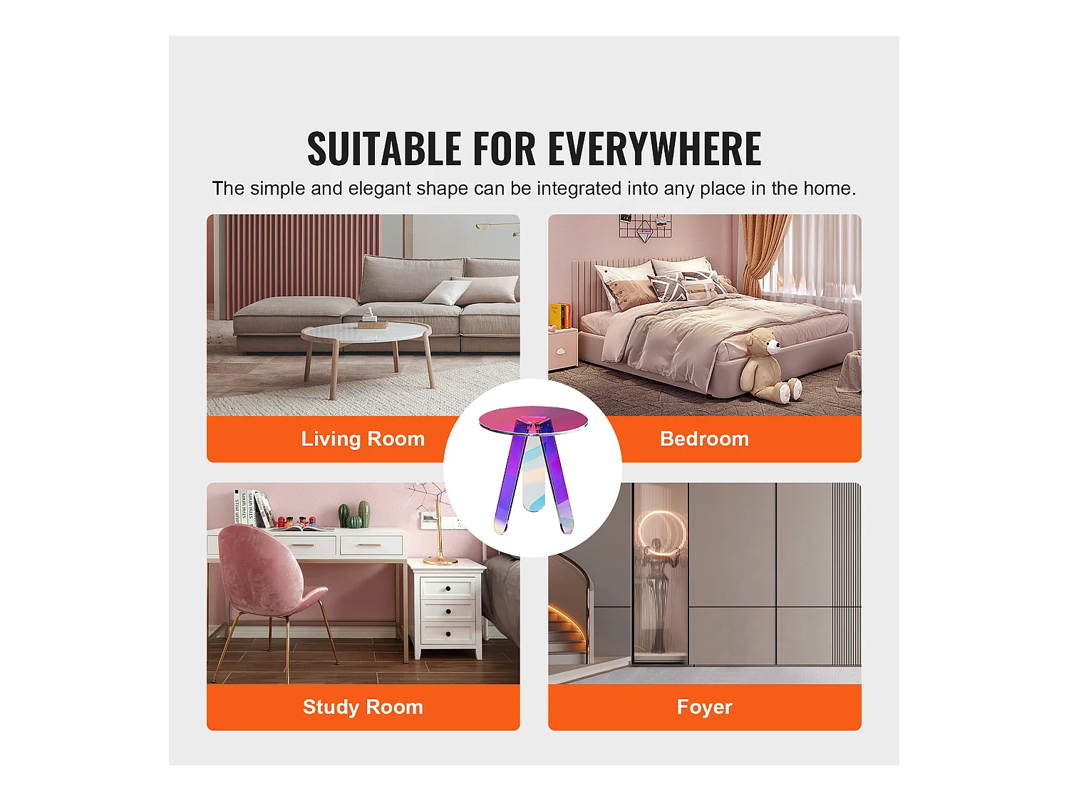 Table d'Appoint SucceBuy Ronde Irisée, Table d'Appoint en Acrylique Transparent pour Boissons, Nourriture, Collations dans le Salon, la Chambre