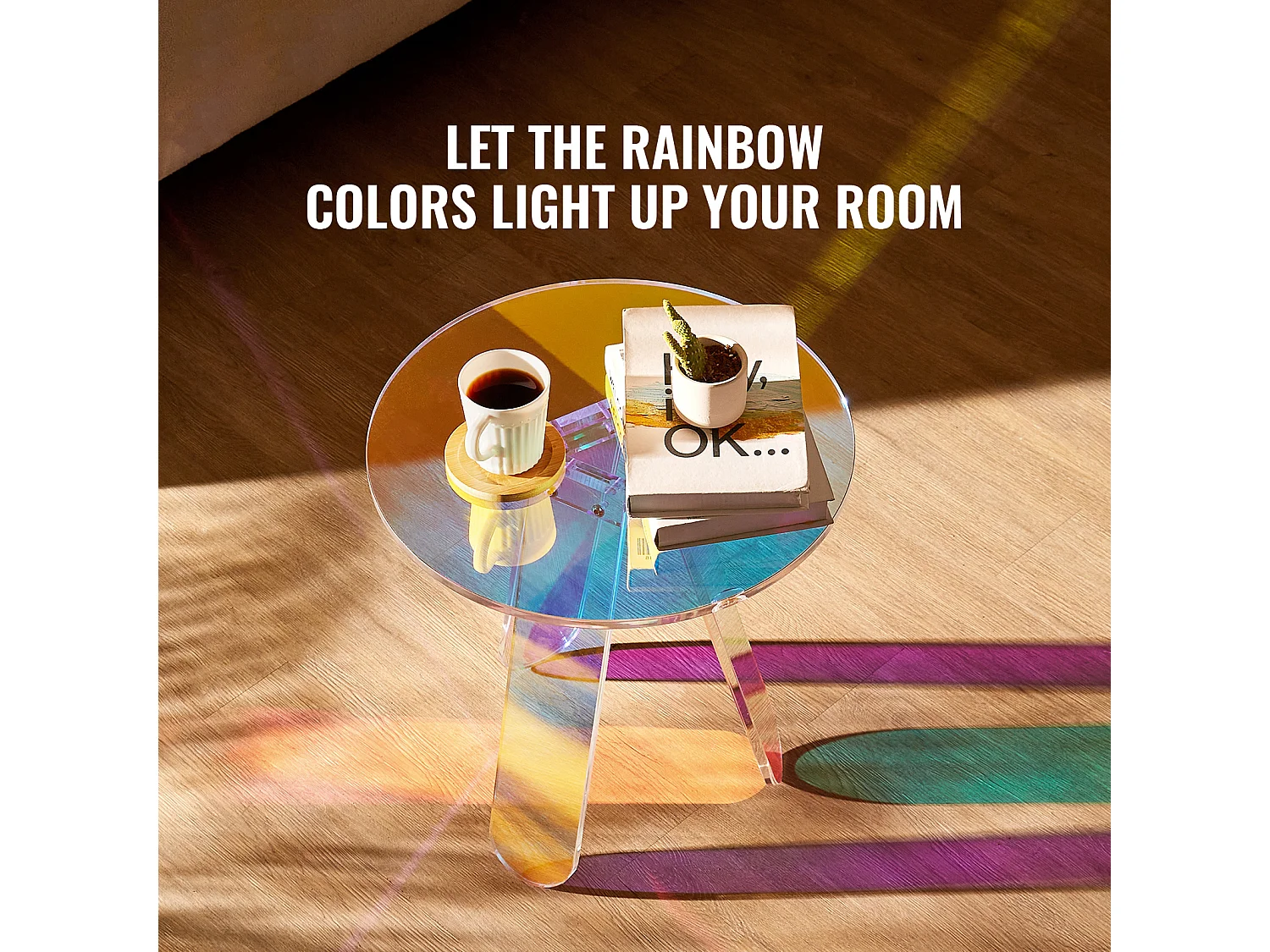 Table d'Appoint SucceBuy Ronde Irisée, Table d'Appoint en Acrylique Transparent pour Boissons, Nourriture, Collations dans le Salon, la Chambre