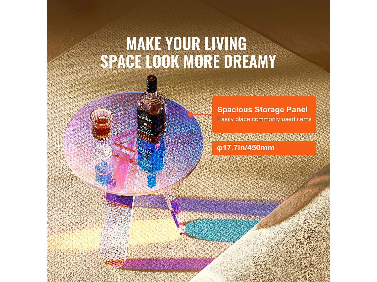 Table d'Appoint SucceBuy Ronde Irisée, Table d'Appoint en Acrylique Transparent pour Boissons, Nourriture, Collations dans le Salon, la Chambre