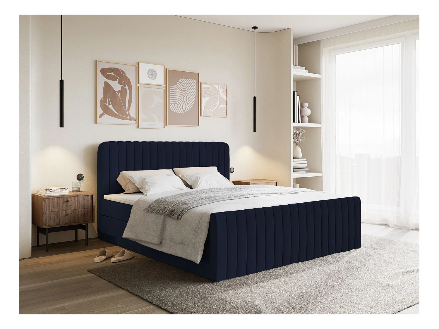 Lit continental avec surmatelas - 200x200 cm - velours marine - SALIANO