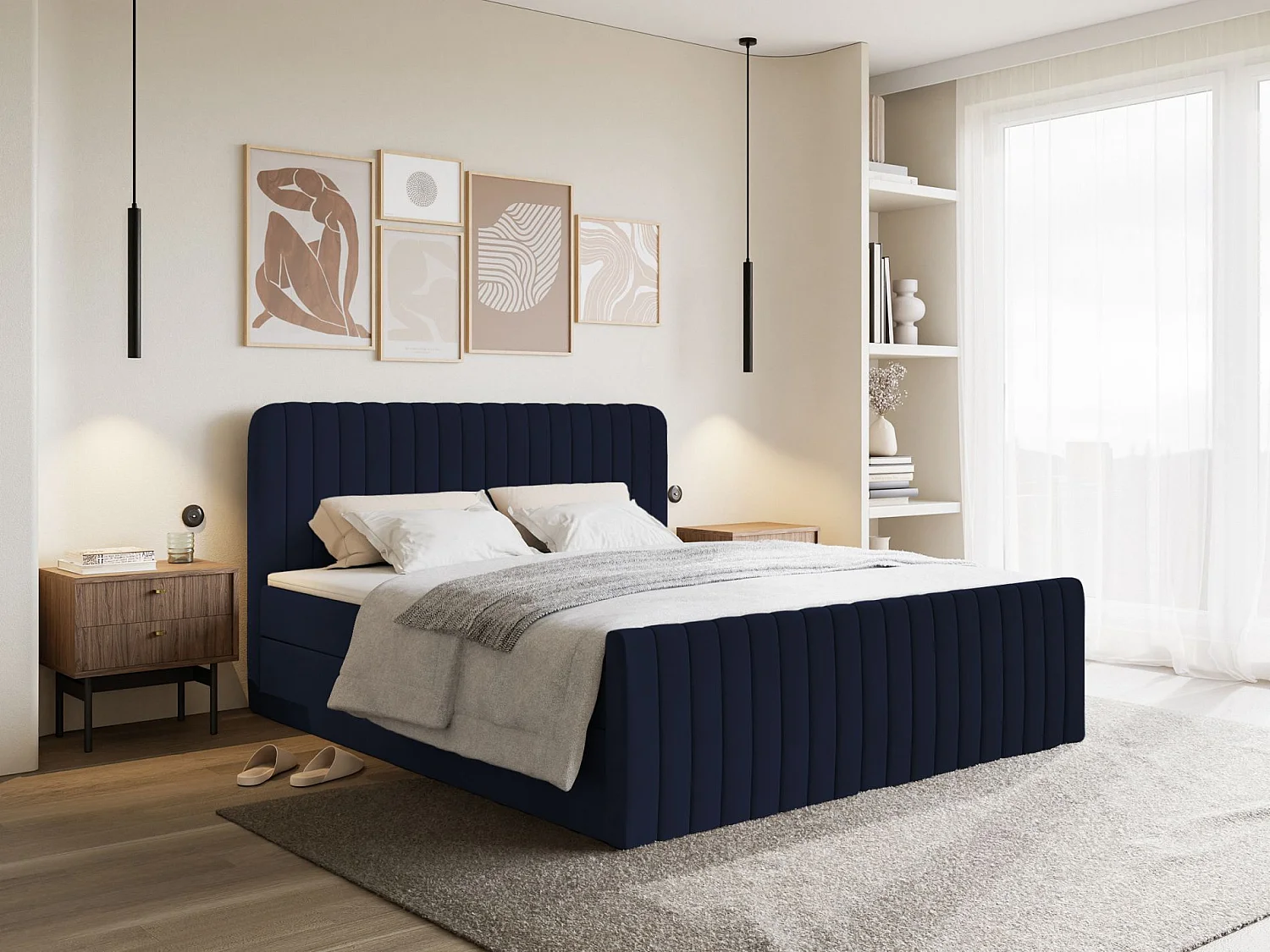 Boxspringbett 200x200 mit Bettkasten - Topper und Samtbezug - Dunkelblau - SALIANO