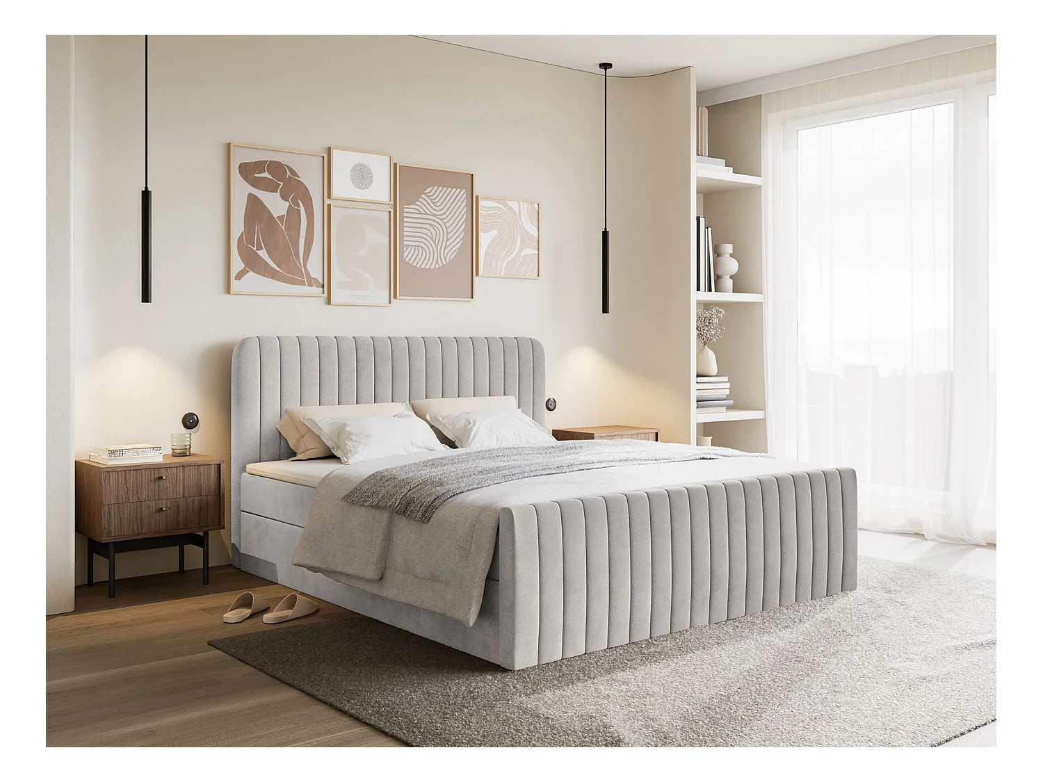 Lit continental avec surmatelas - 200x200 cm - velours grège - SALIANO