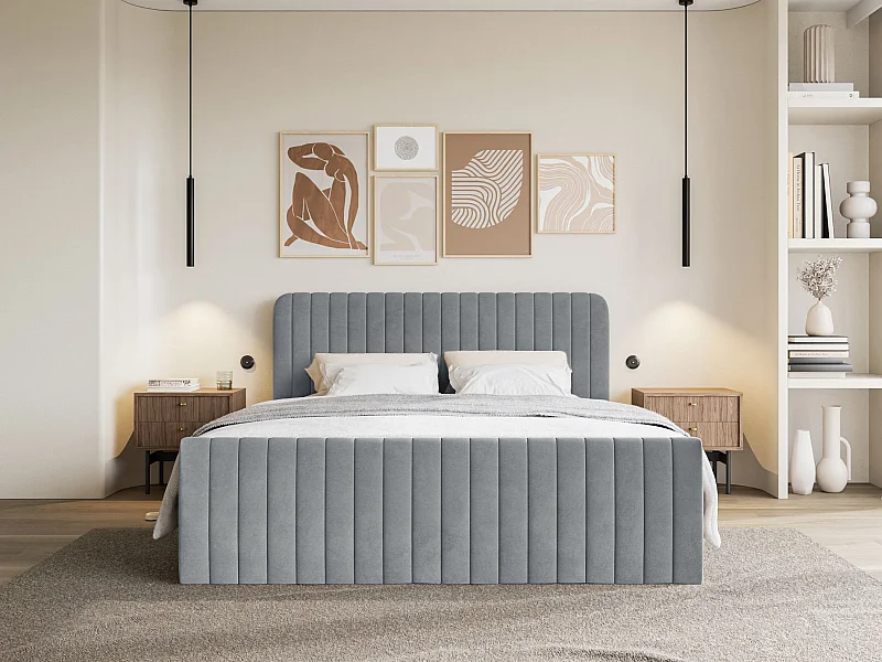 Lit continental avec surmatelas - 200x200 cm - velours gris - SALIANO