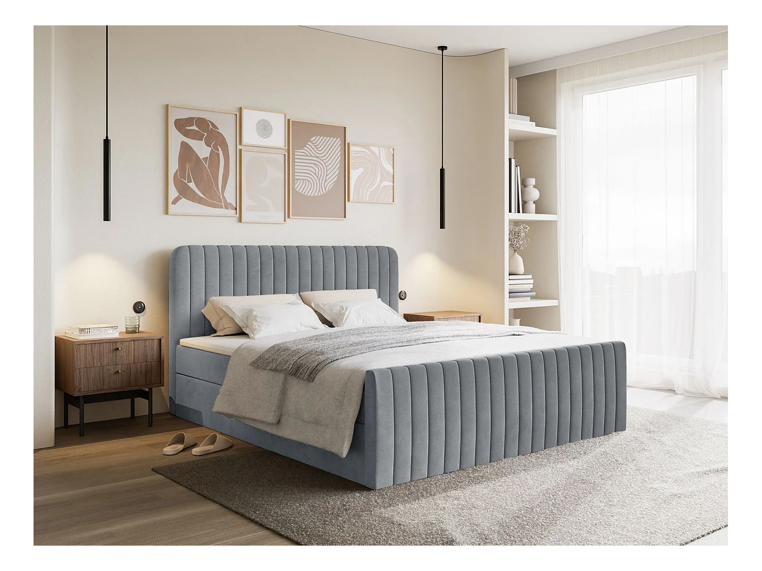 Lit continental avec surmatelas - 200x200 cm - velours gris - SALIANO