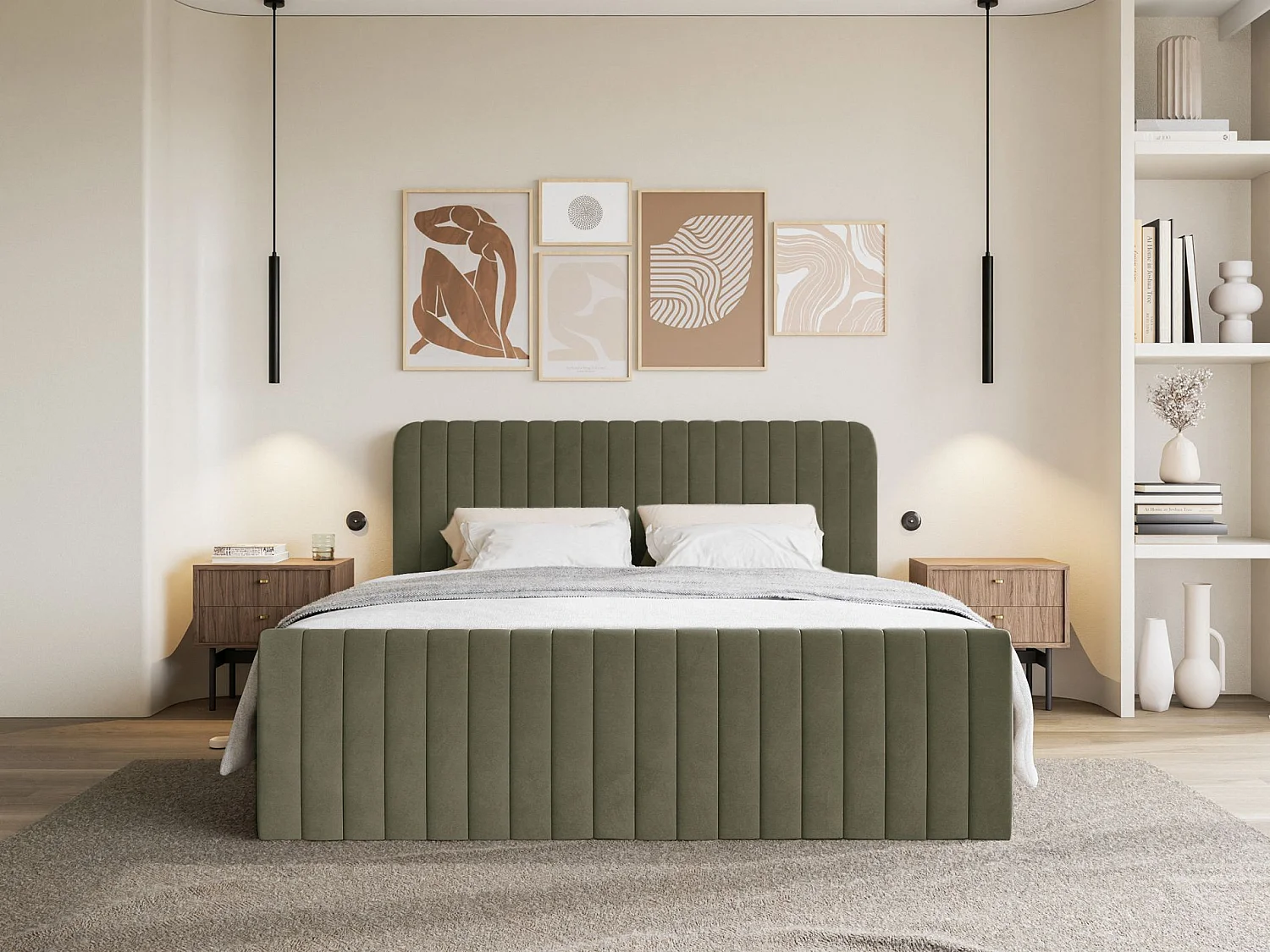 Lit continental avec surmatelas - 200x200 cm - velours olive foncé - SALIANO