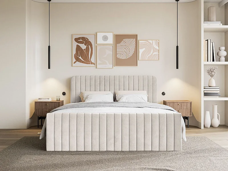 Lit continental avec surmatelas - 200x200 cm - velours beige - SALIANO