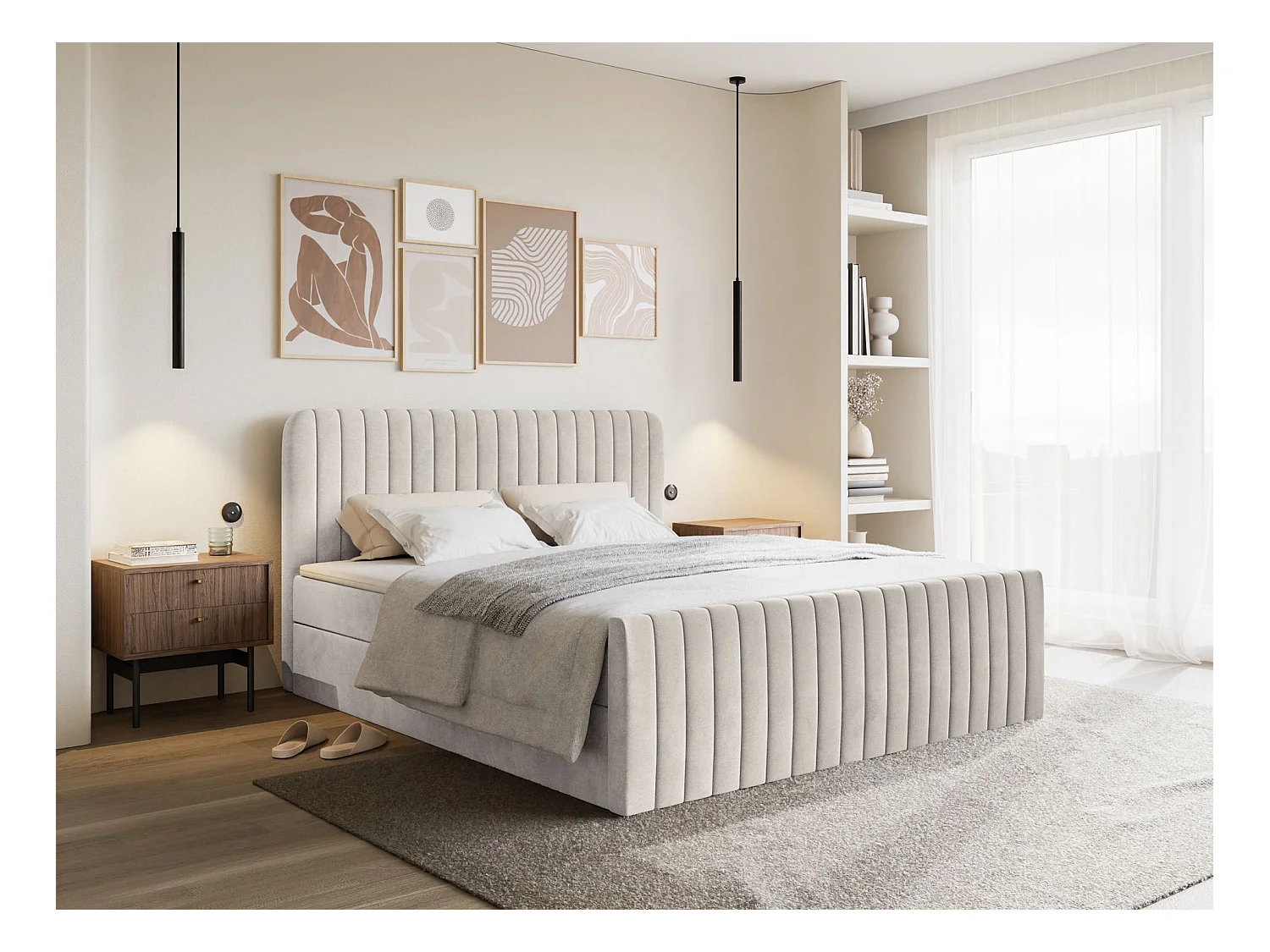 Lit continental avec surmatelas - 200x200 cm - velours beige - SALIANO