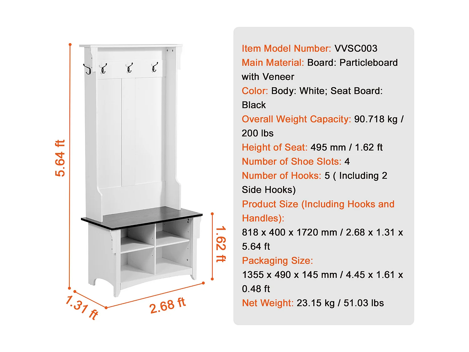 Porte manteau SucceBuy pour l'Entrée, Avec 5 Crochets, Blanc