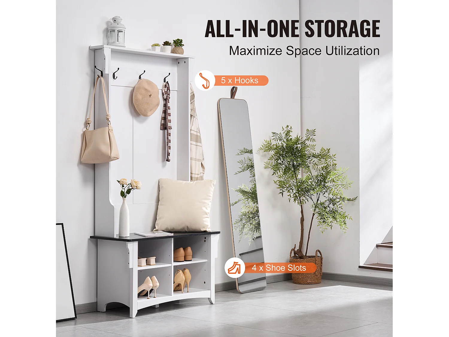 Porte manteau SucceBuy pour l'Entrée, Avec 5 Crochets, Blanc