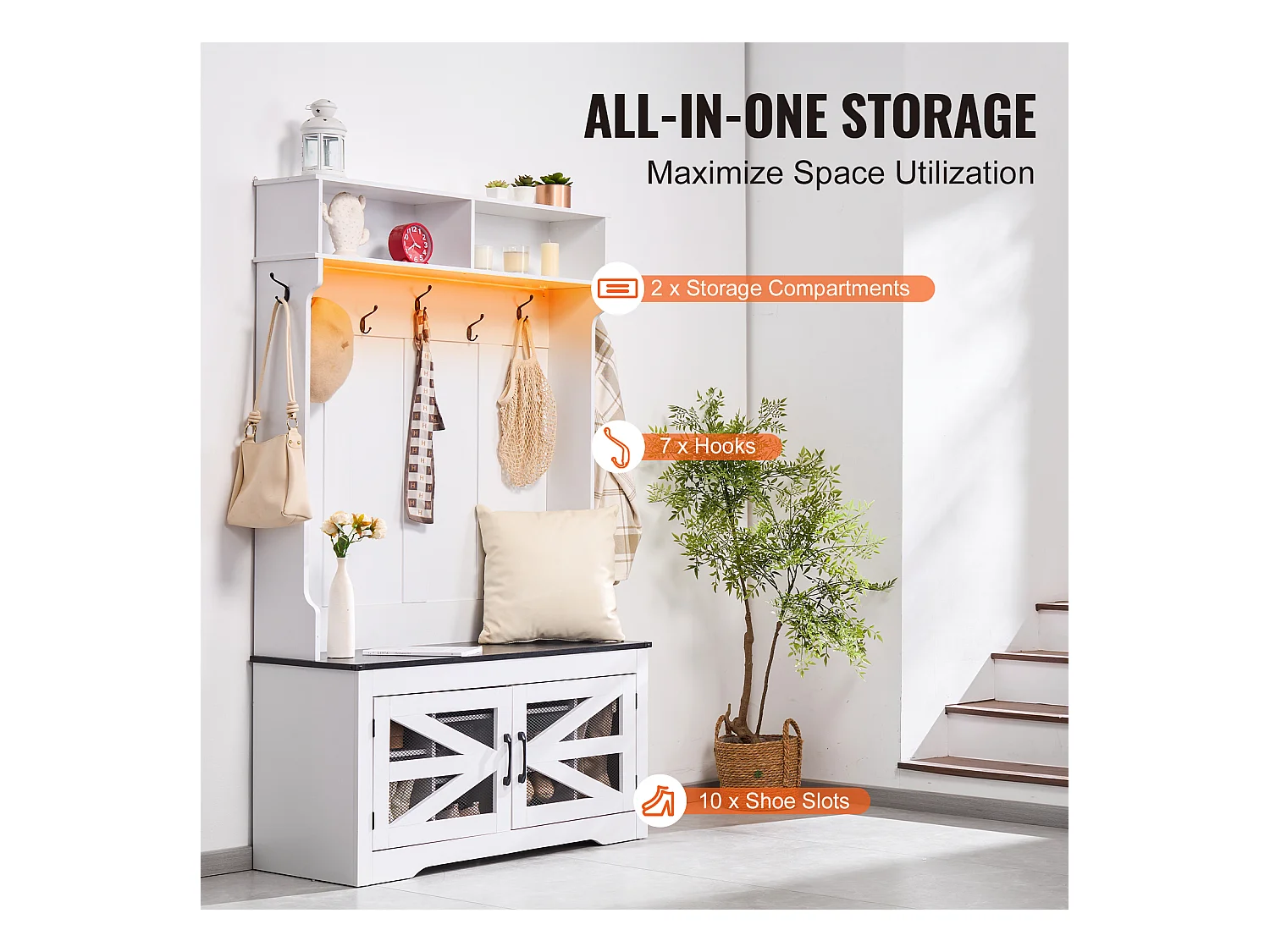 Wieszak na Ubrania z Drewna SucceBuy z Ławką i 7 Hakami na Wejście i Korytarz - Funkcjonalny Mebel do Szatni i Przestrzeni Wejściowych