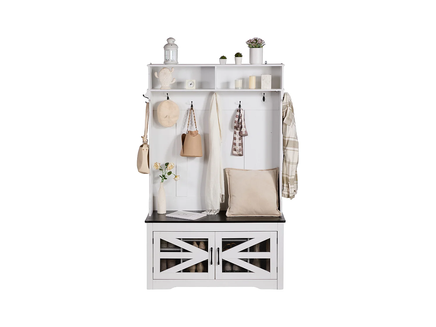 Wieszak na Ubrania z Drewna SucceBuy z Ławką i 7 Hakami na Wejście i Korytarz - Funkcjonalny Mebel do Szatni i Przestrzeni Wejściowych