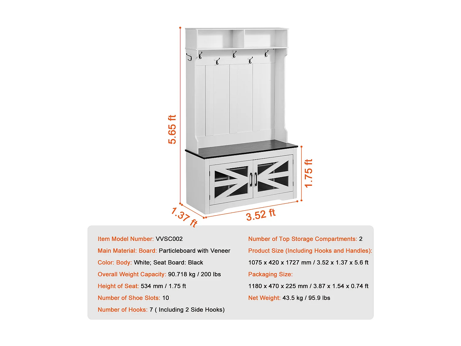 Portemanteau en Bois SucceBuy avec Banc et 7 Crochets pour Entrée et Couloir - Meuble Fonctionnel pour Vestiaire et Espaces D'entrée