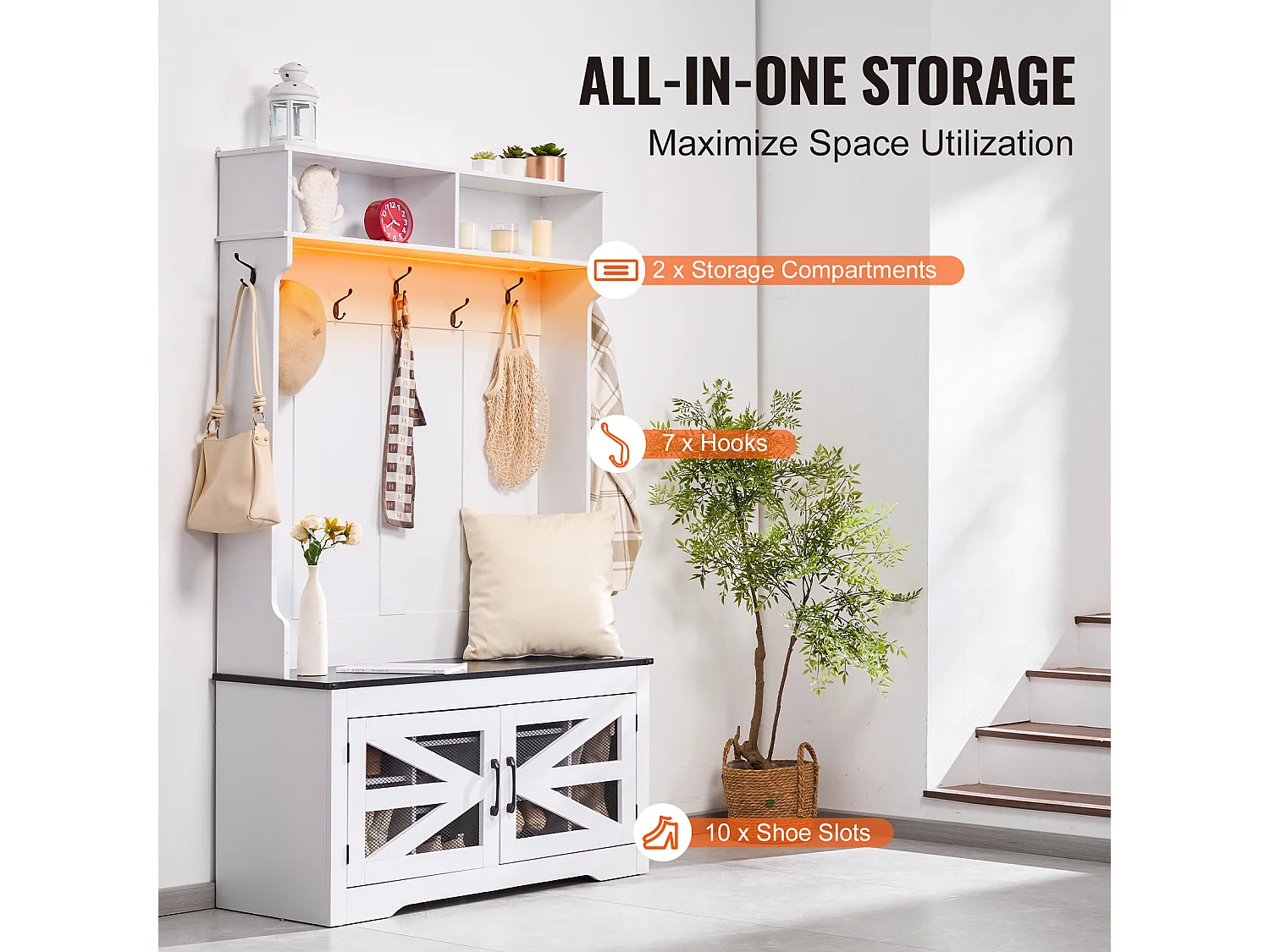 Portemanteau en Bois SucceBuy avec Banc et 7 Crochets pour Entrée et Couloir - Meuble Fonctionnel pour Vestiaire et Espaces D'entrée