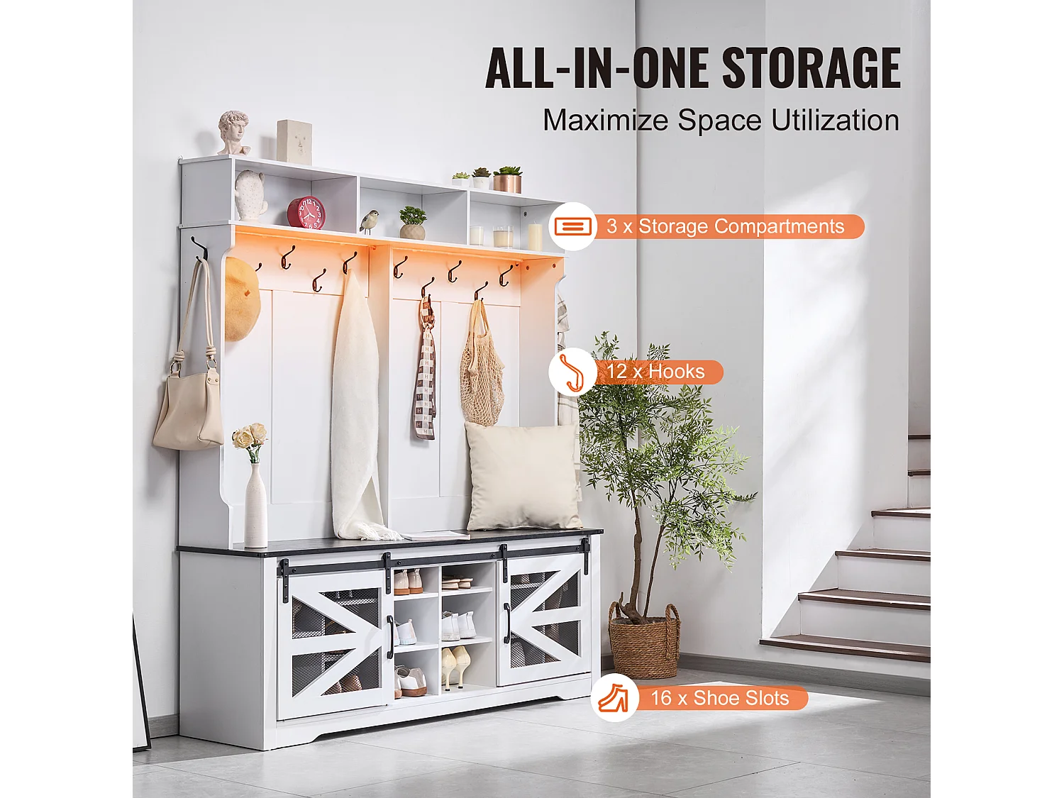 Portemanteau en Bois SucceBuy avec Banc et 12 Crochets pour Entrée - Organisation Maximale pour les Vêtements et Chaussures de Famille