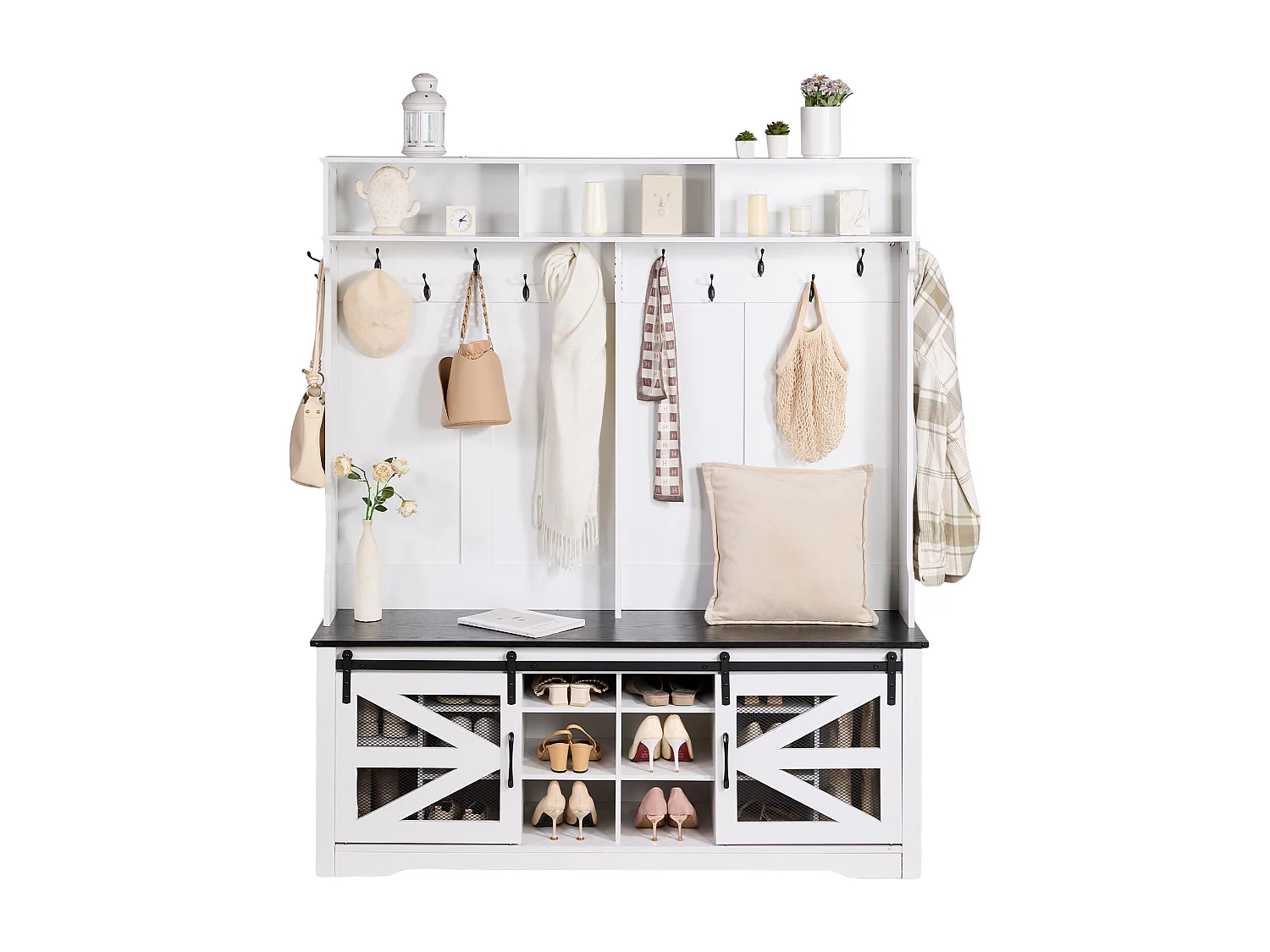 Portemanteau en Bois SucceBuy avec Banc et 12 Crochets pour Entrée - Organisation Maximale pour les Vêtements et Chaussures de Famille