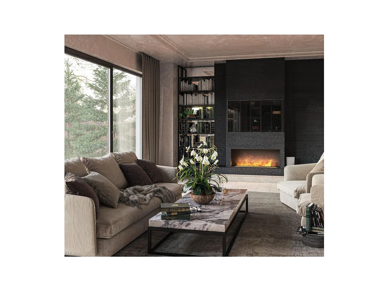 Cheminée vapeur d'eau Inside 1200 - Flammes LED 3D multicolores, contrôle par application, réservoir 2,4L, remplissage auto - 123 cm