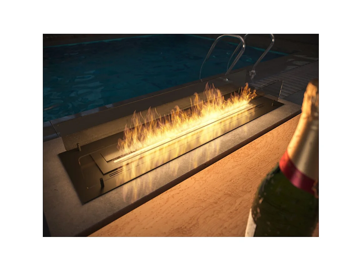 Cheminée bioéthanol Insert Black 1200 - Cheminée fine noire à encastrer ou poser avec 2 panneaux verre, réservoir 3L - 120 cm